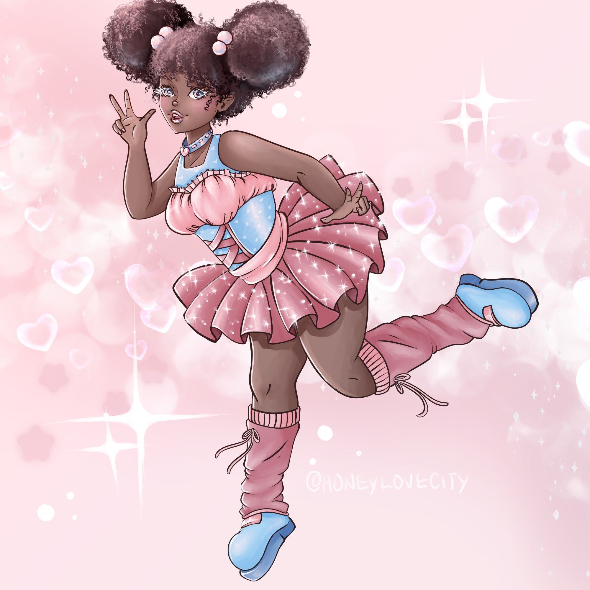 A cute magical girl wearing a a sparkly pink skirt with a top with ribbons and blue accent. She has cute puff hair and pink leg warmers over blue chunky boots. Lots of pink sparkles in the background