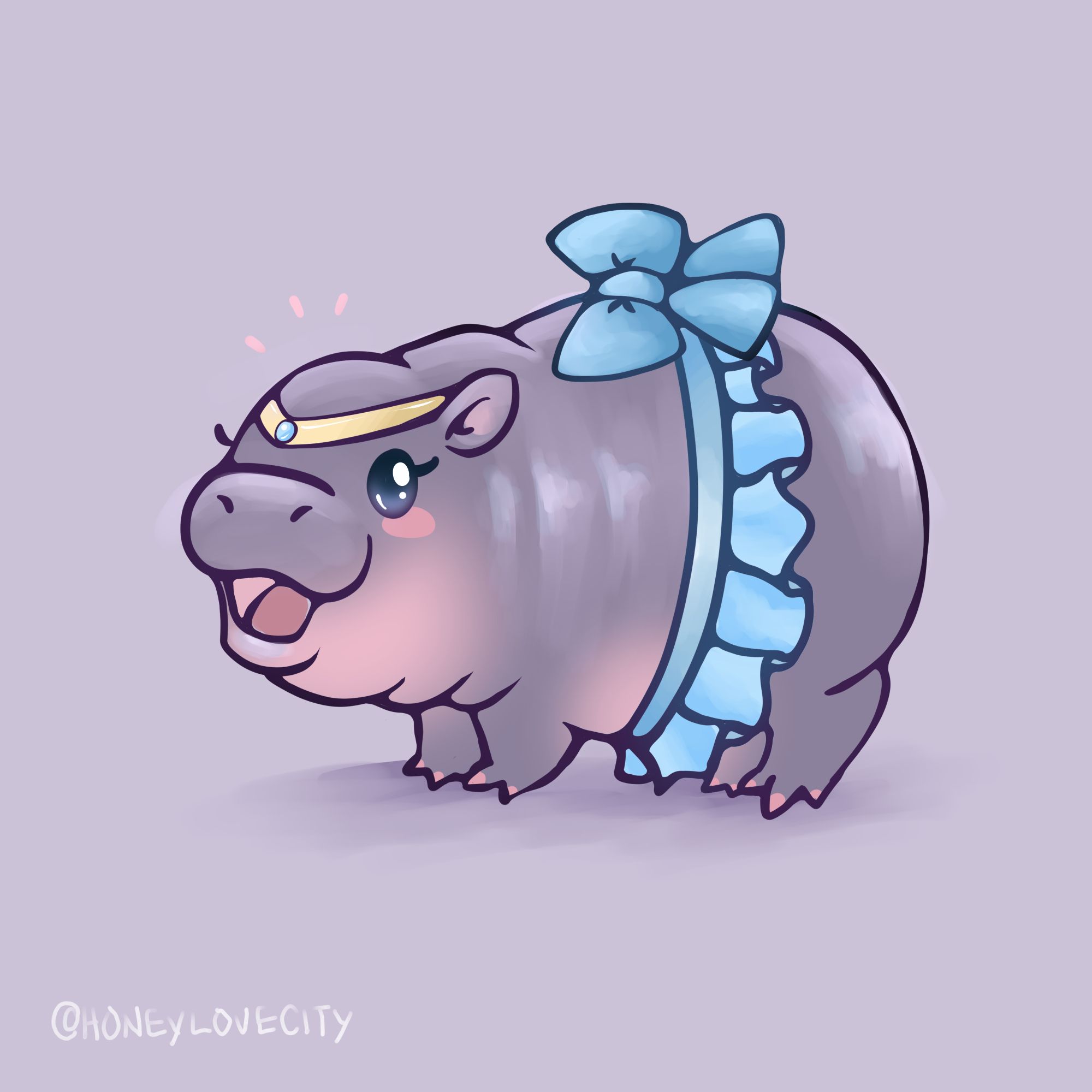 a doodle of the little purple pygmy hippo moo deng with a sailor tiara and ruffled skirt with a blue bow