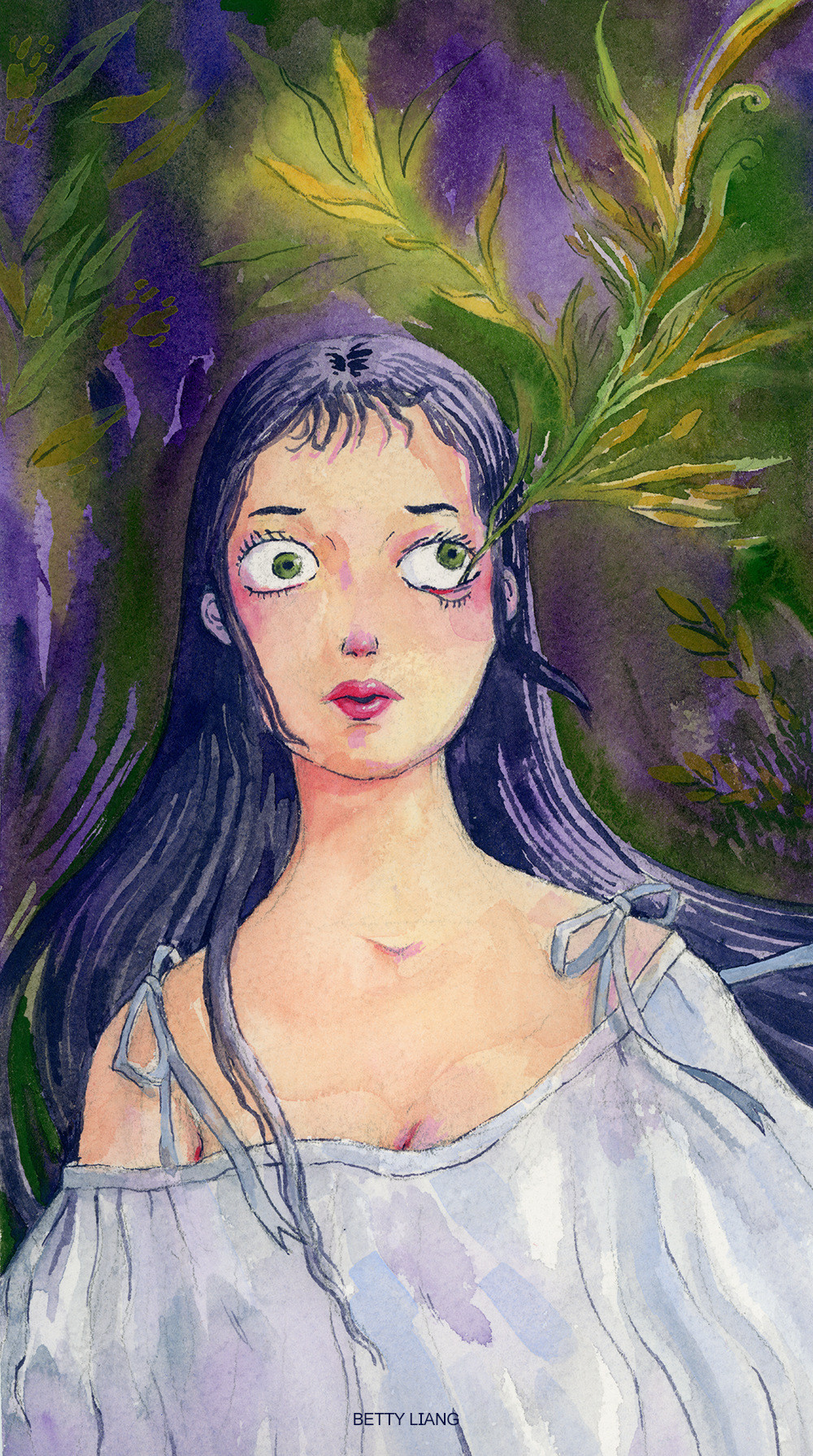 A drawing/watercolour of a girl with green eyes and purple-blue hair looks distressed as a long fern-y vine-like plant sprouts from her left eye. 