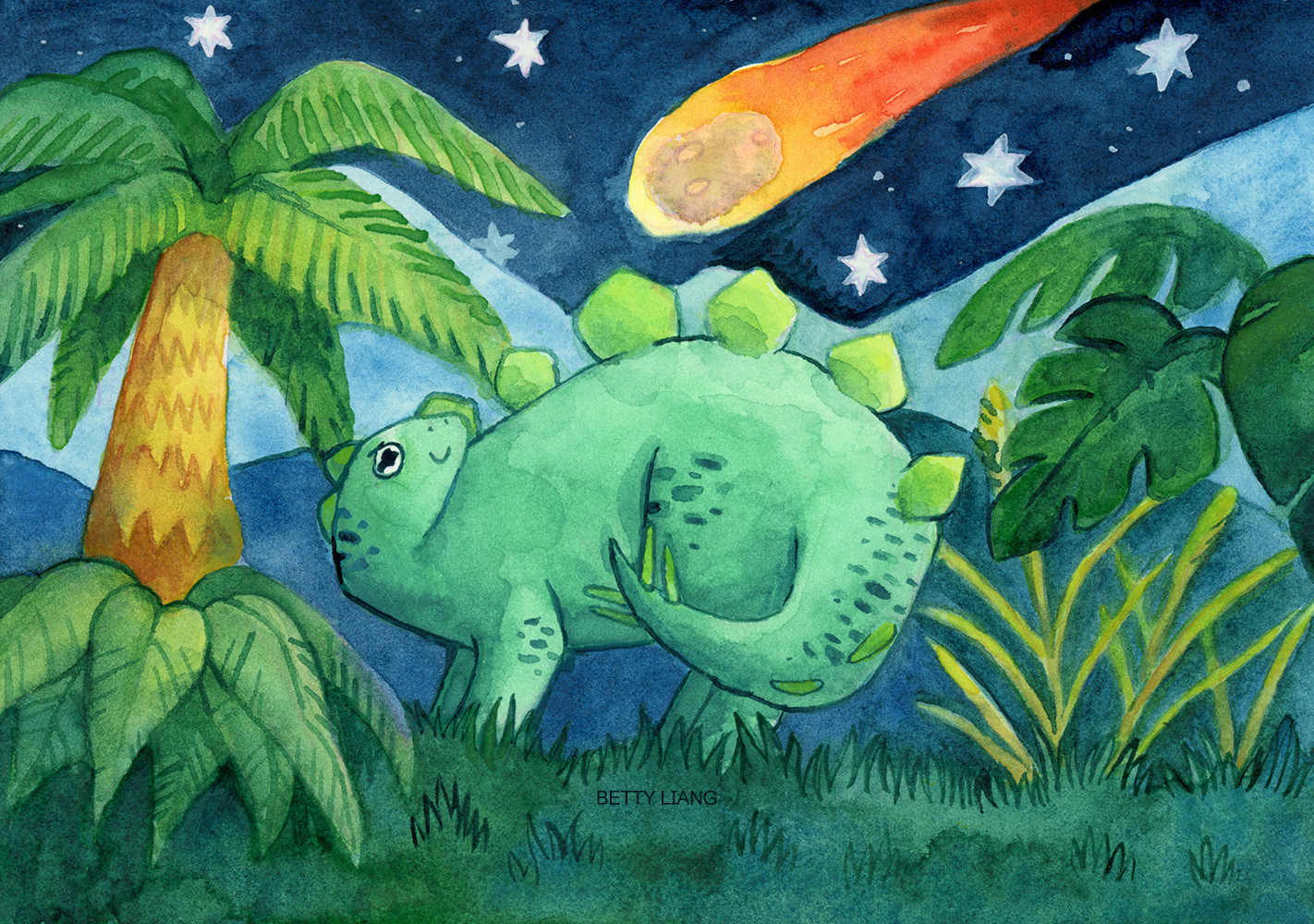 A cute, green stegosaurus looking up at the starry, night sky, where a meteor looks like it is about to strike. The poor thing looks like it is about to cry, but is still trying to smile through the pain. There is a lot of green foliage surrounding the little dinosaur and some mountains in the distance.
