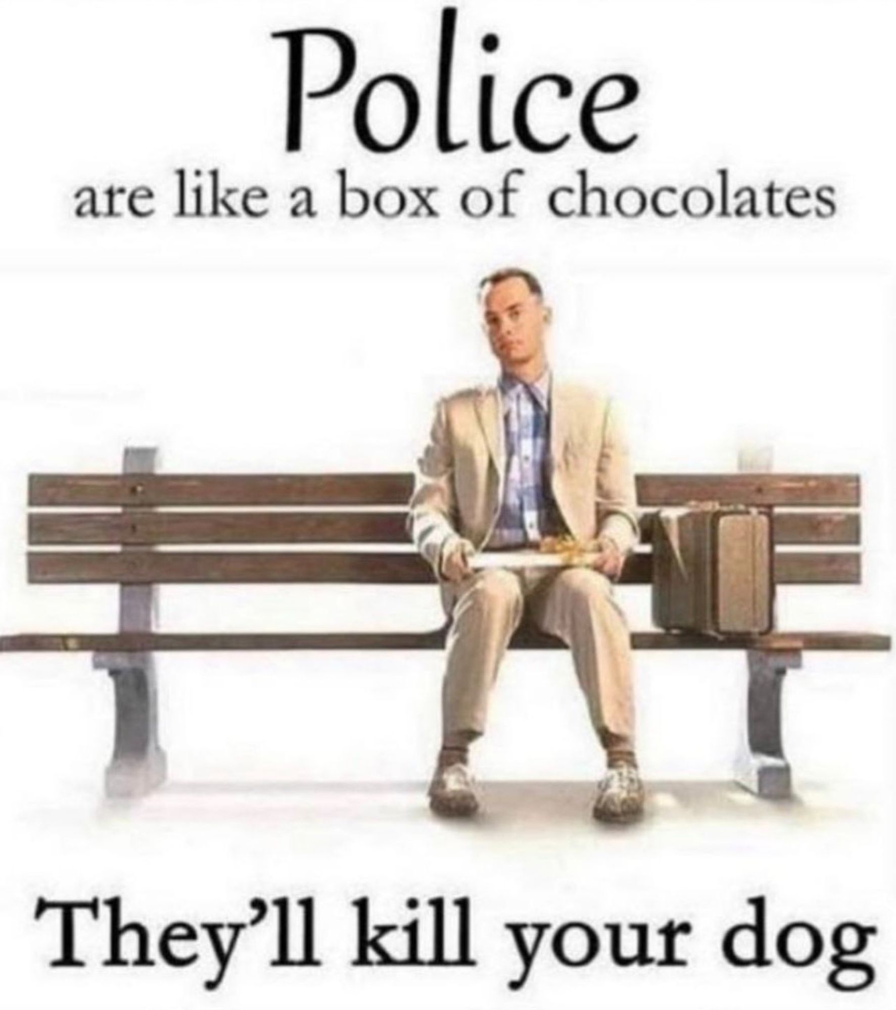 Forrest Gump sitting on a bench, he's holding a box of chocolate on his lap, his suitcase on the bench to the left of him.

"Police
are like a box of chocolates
They'll kill your dog"