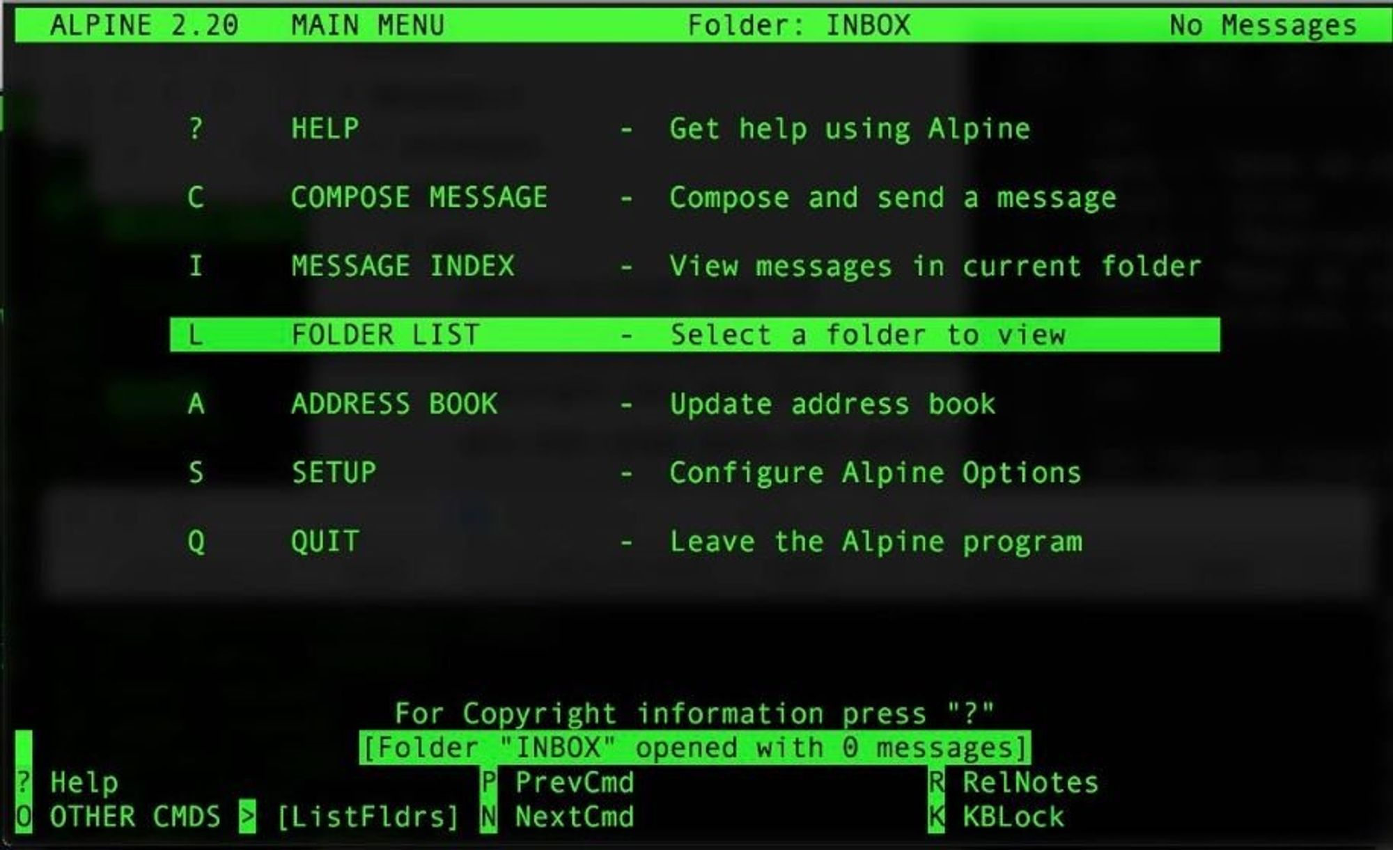 An image of the "Pine" email client from the 90's.