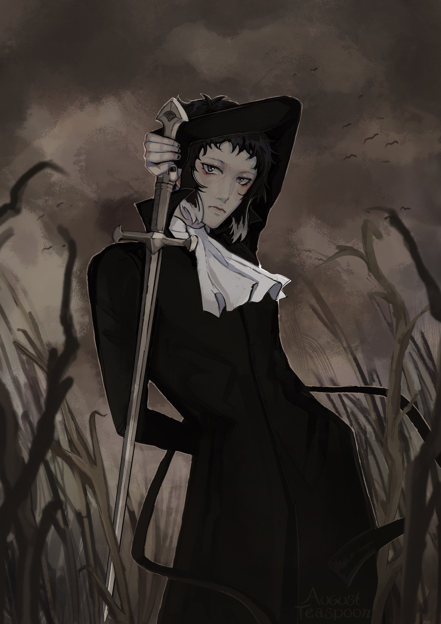 Drawing of fictional character Akutagawa Ryuunosuke from Bungou Stray Dogs standing in a dark field and holding a sword