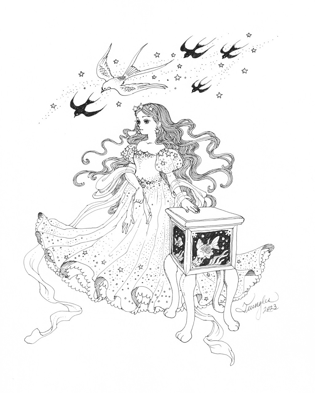 A pencil drawing of a character from the graphic novel, The Magic Fish. Alera is wearing a dress covered in stars, her hand placed on a small cabinet decorated with goldfish. Swallows fly overhead.