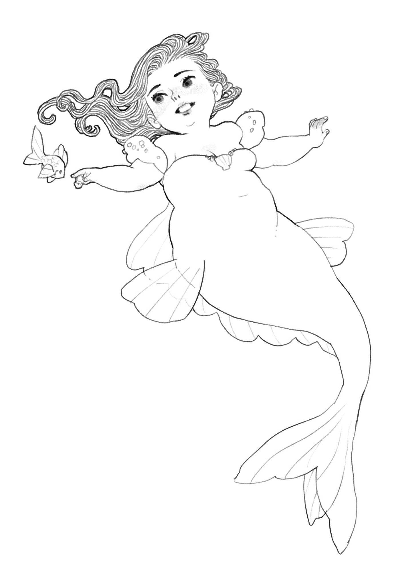 A mermaid who kinda looks like she’s wearing a dress plays with a small fish floating by