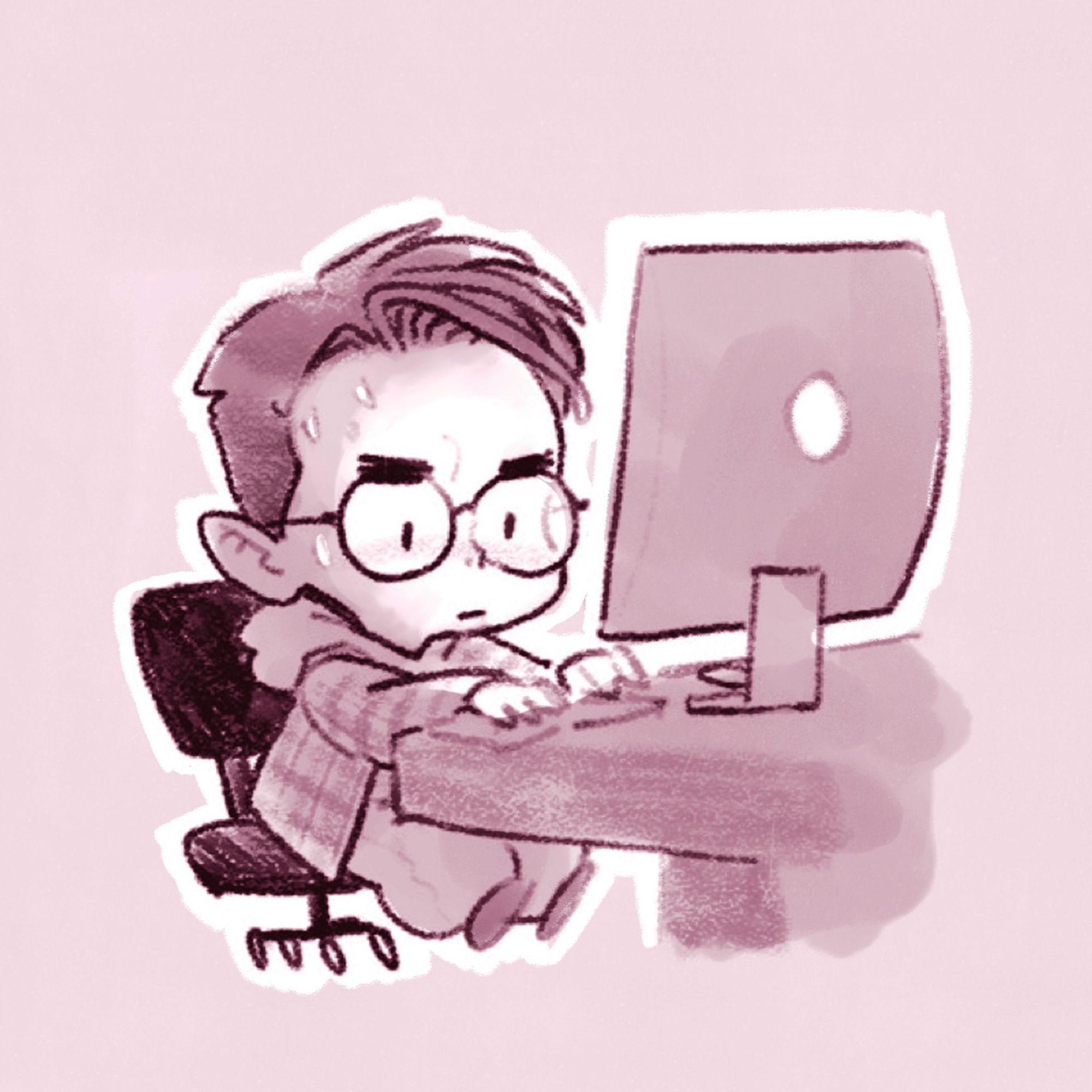 Cartoon of me, Asian dude with short hair and glasses, sitting at my computer desk