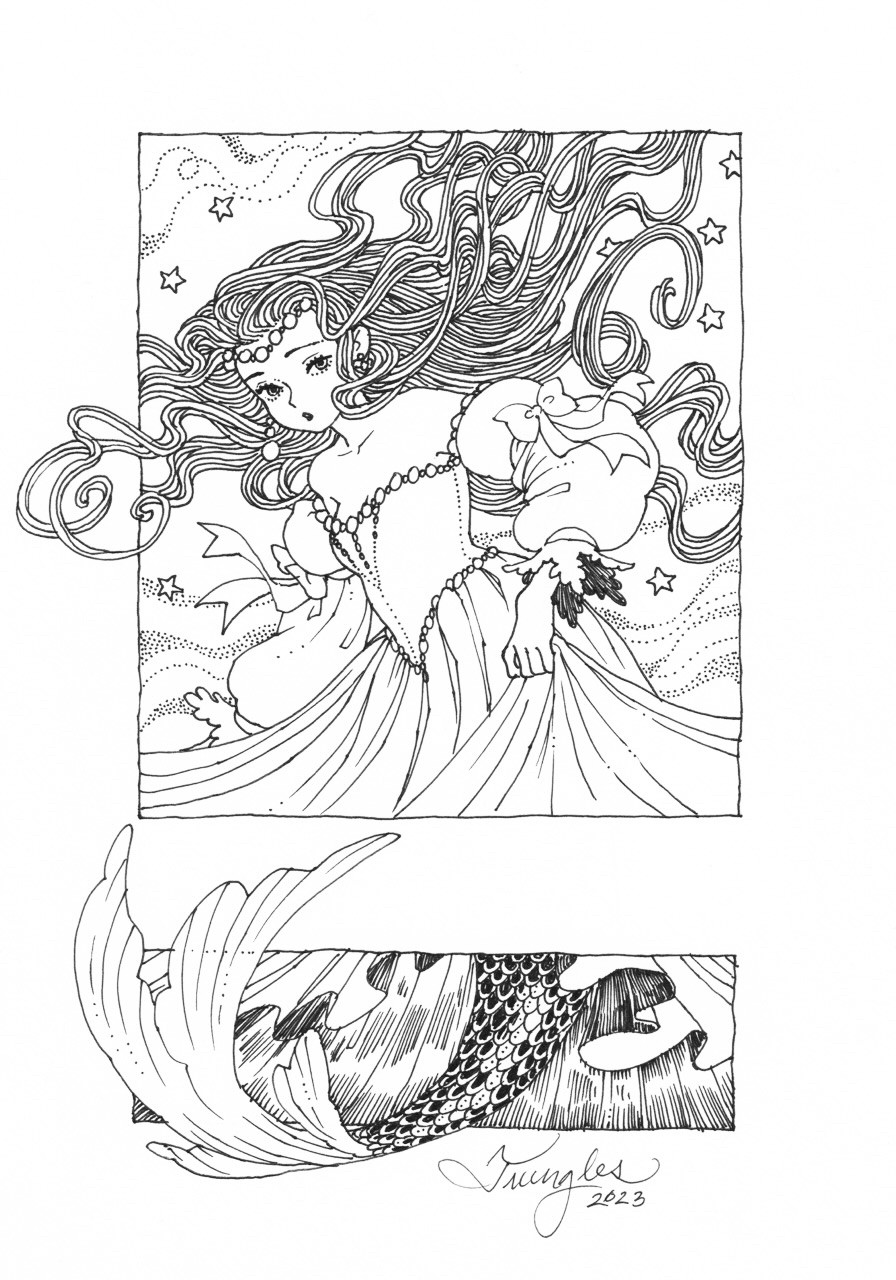 A small ink drawing of a mermaid done in two panels. In the top panel, she appears to be wearing a dress, and the bottom panel reveals her fish tail.