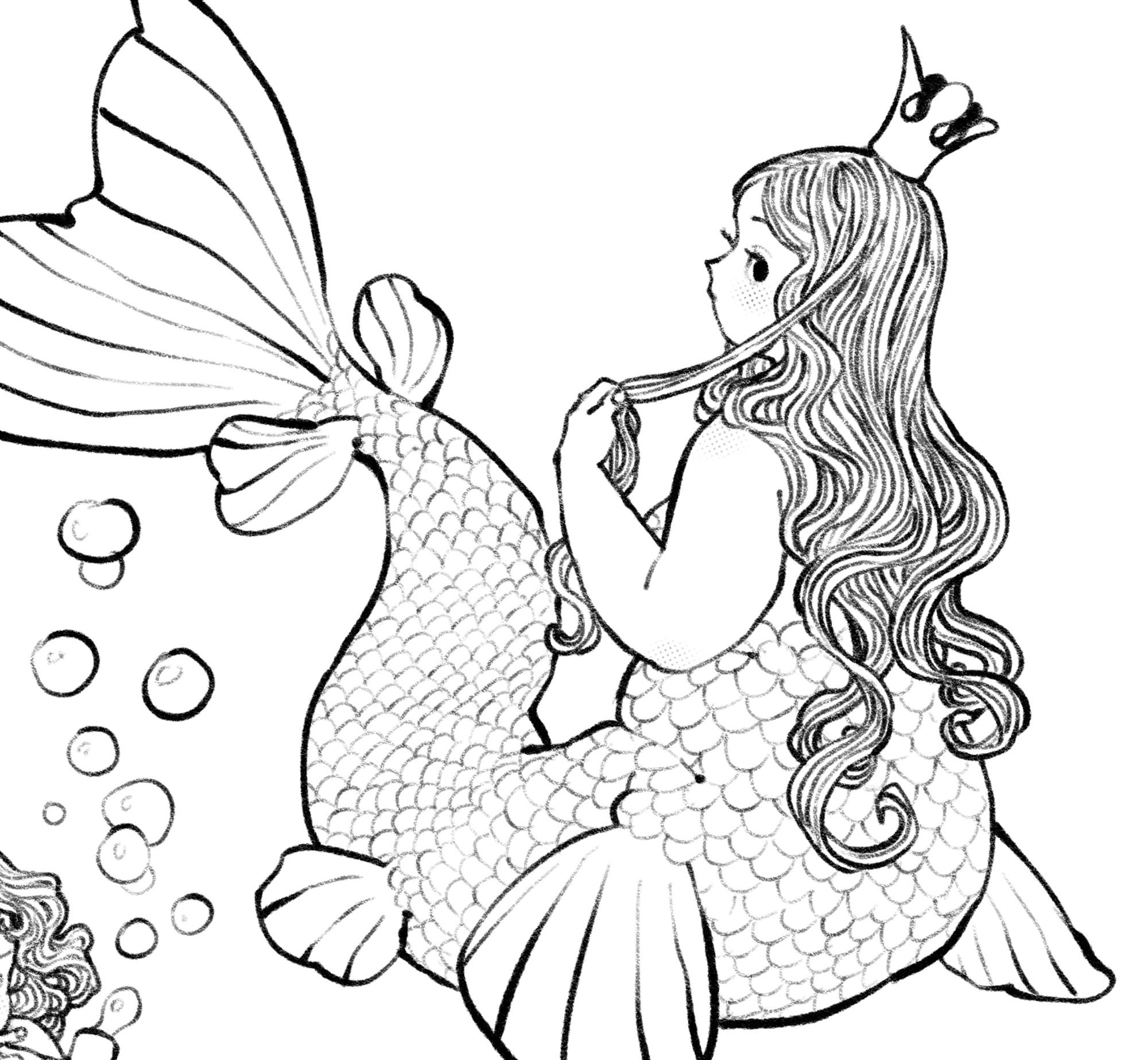 A reclining mermaid with a crown on her head. She’s looking back at the viewer over her shoulder.