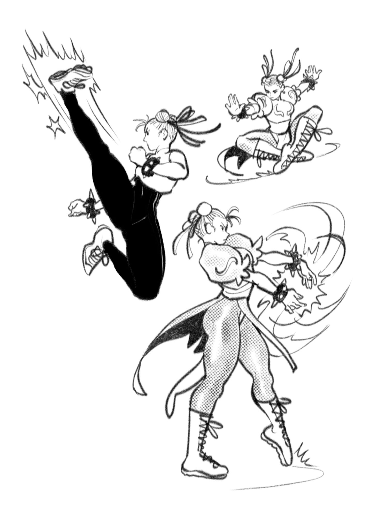 Three drawings of video game character Chun-li in various poses