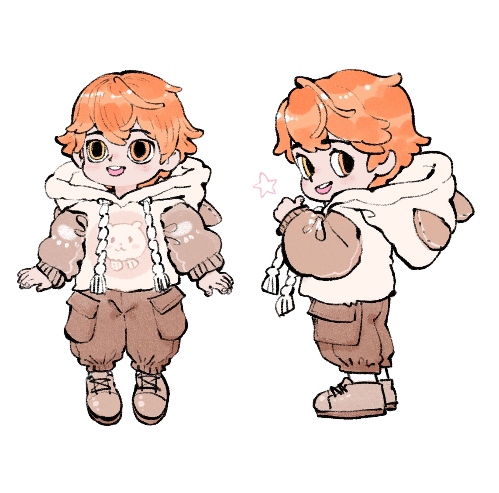 Two drawings with orange-red hair wearing a hamster-print hoodie, dark khaki cargo shorts, and little brown shoes.