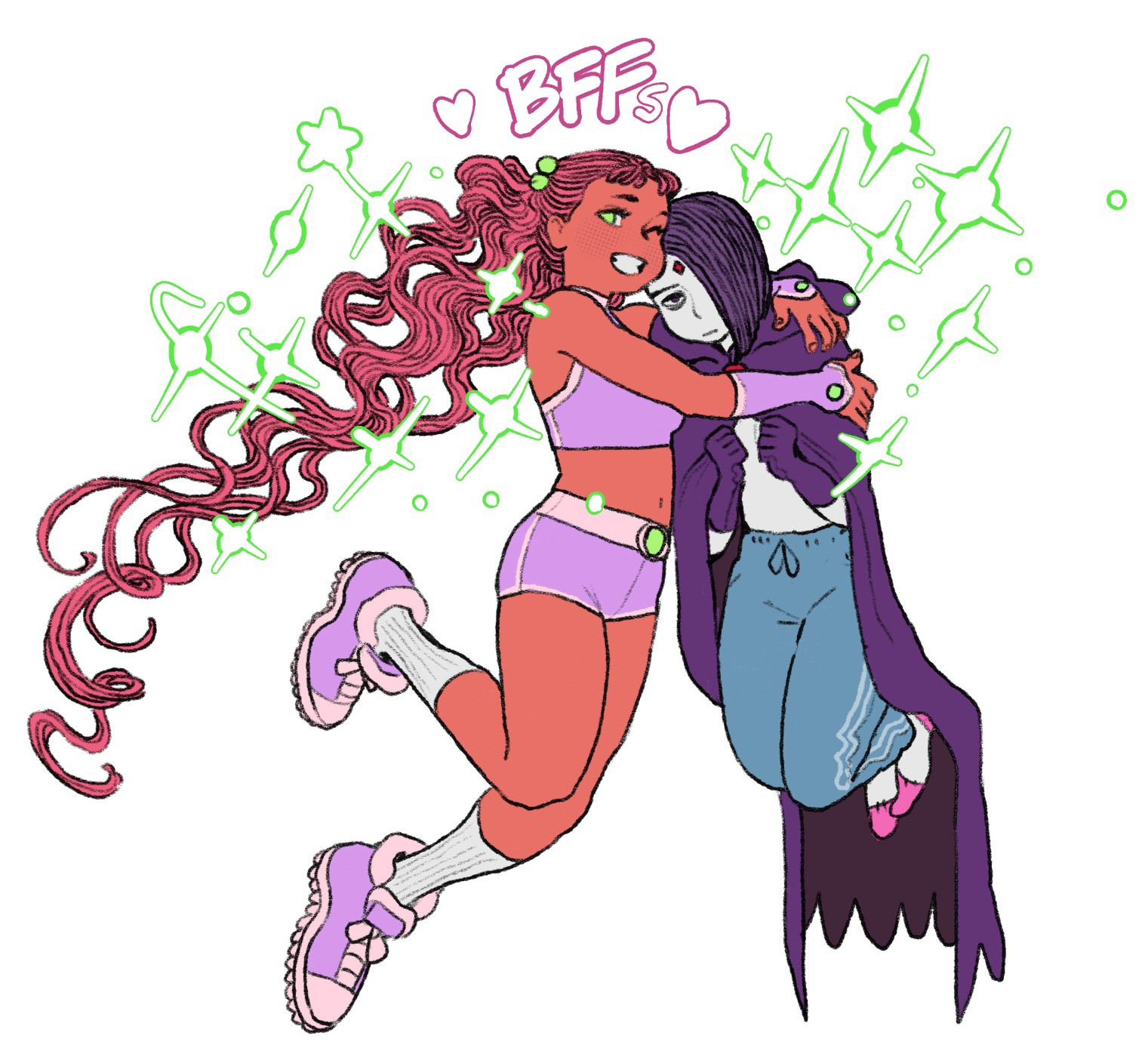 A drawing of Starfire and Raven from the Teen Titans, a DC superhero team.