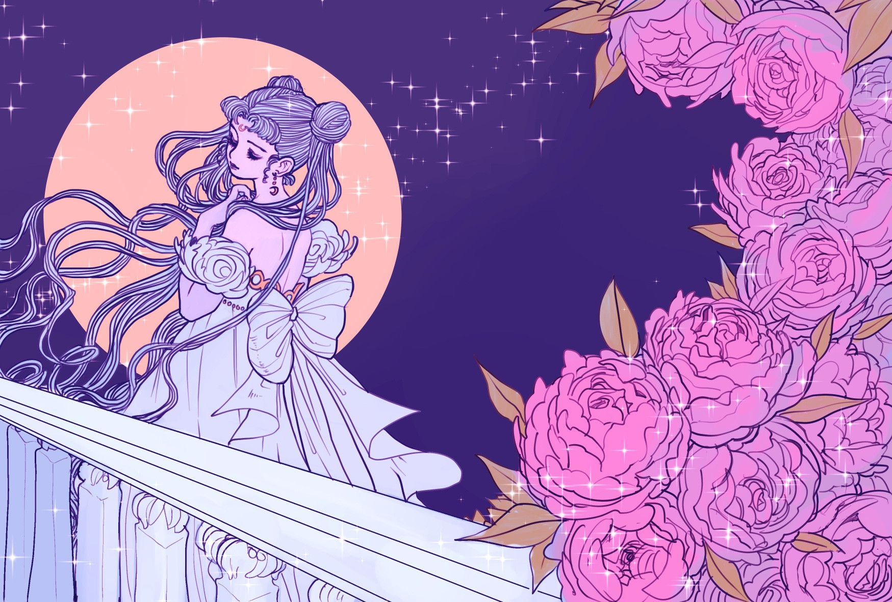 Digital drawing in Clip Studio Paint. Princess Serenity—a young woman with long hair in twin buns (odango) wearing the Dior Palladium dress, a white gown fashioned to resemble a Roman column—peers over a white balcony against a warm, golden moon. There is a growth of peonies to the right of the image. 