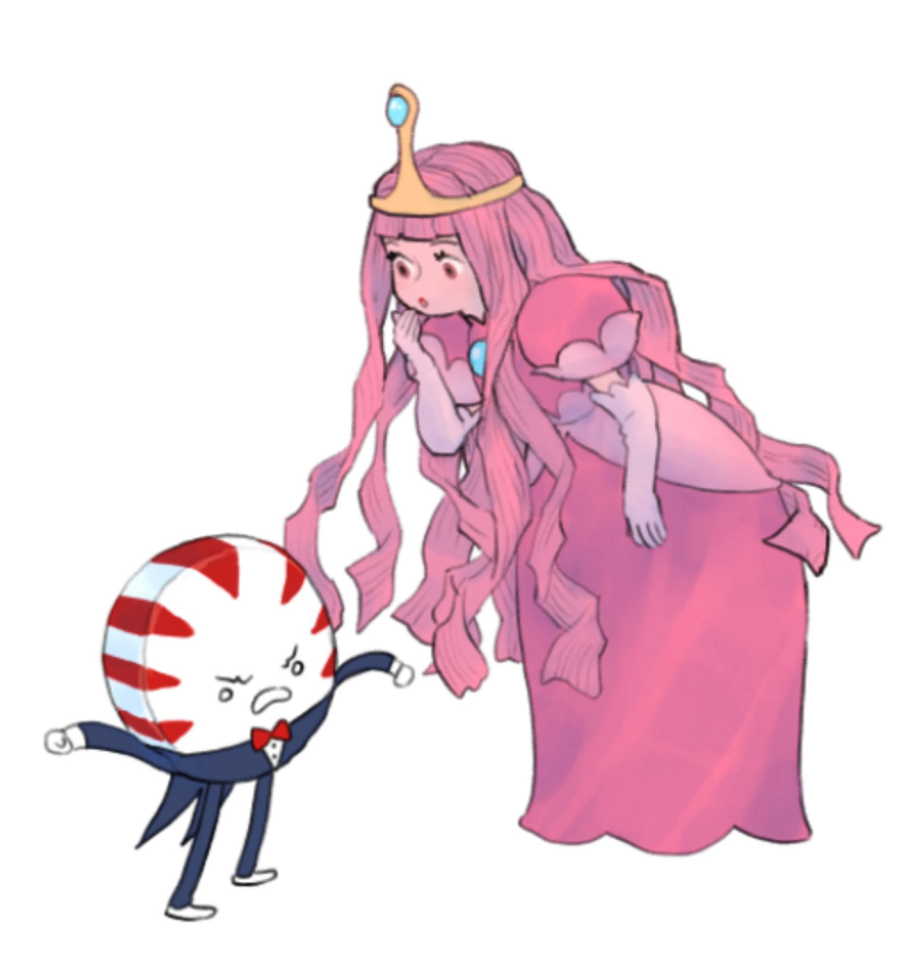 Drawing of Adventure Time characters Peppermint Butler (a peppermint in a little tuxedo) and Princess Bubblegum (a girl made of bubblegum in a gown and a gold crown)