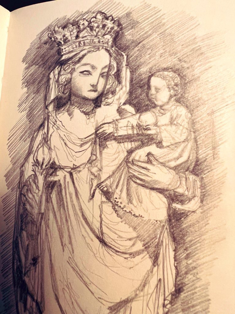 A pencil drawing of a statue of the Madonna and Child.