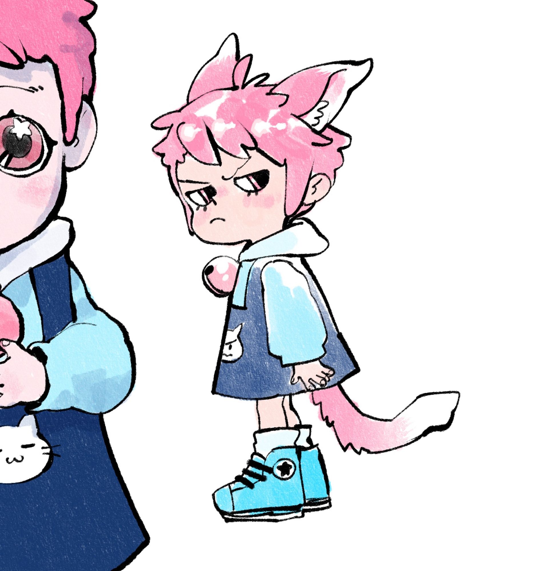 Pink cat kid in a dark navy dress with light blue sleeves and matching light blue tennis shoes. They have an annoyed expression.