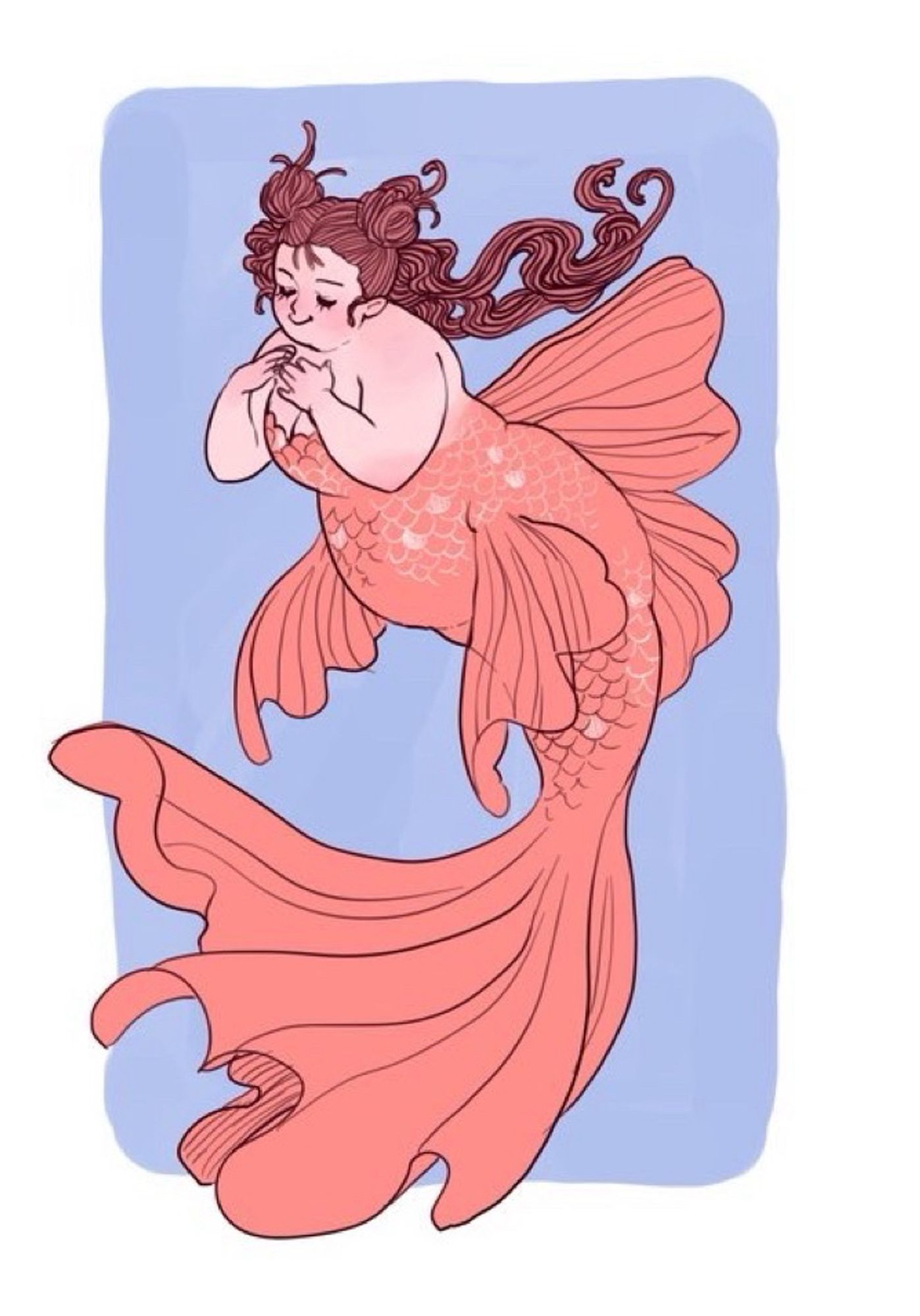 A fat mermaid based on a goldfish. She has her long hair tied up in two little buns, and her scales are a little bit sparkly.