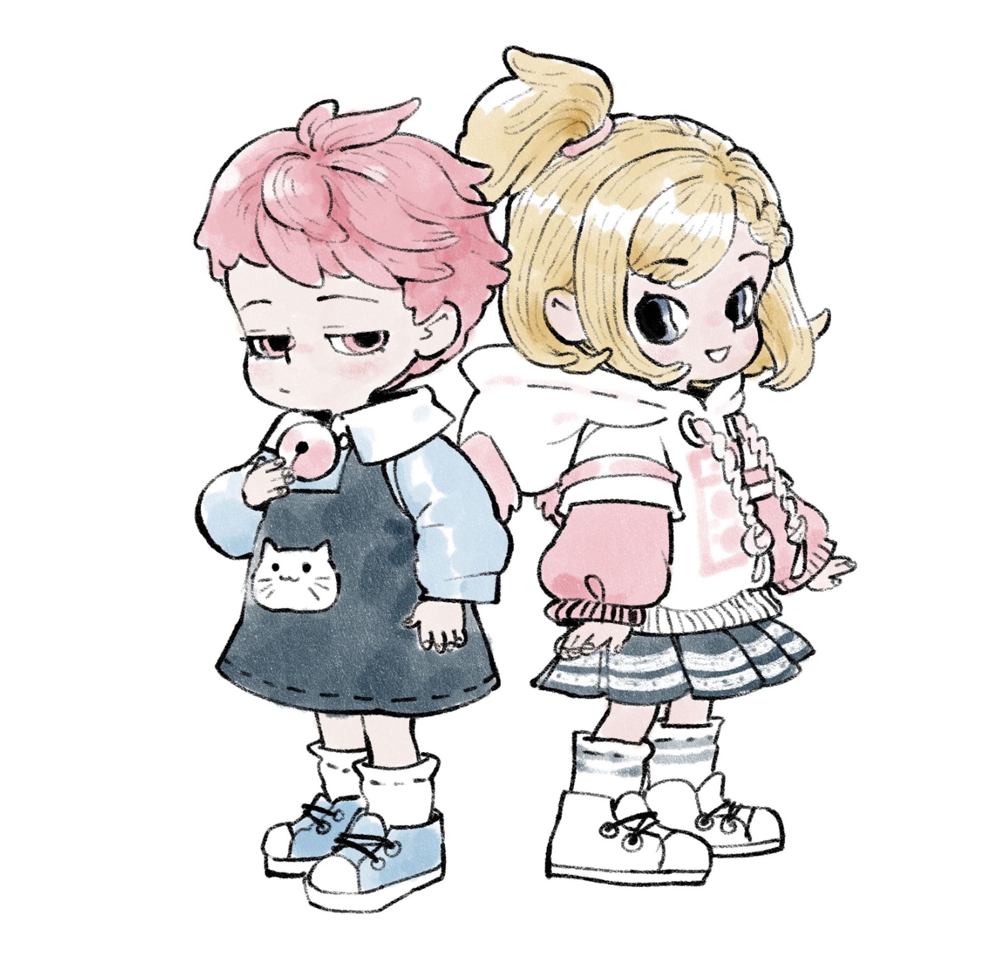 A drawing of two dolls. One has short pink hair and a dark blue dress with blue shirt and shoes, a sleepy and unamused expression on her face. The other has a blonde hair and a side pony in a tiny hoody and pleated skirt, looking fairly happy.