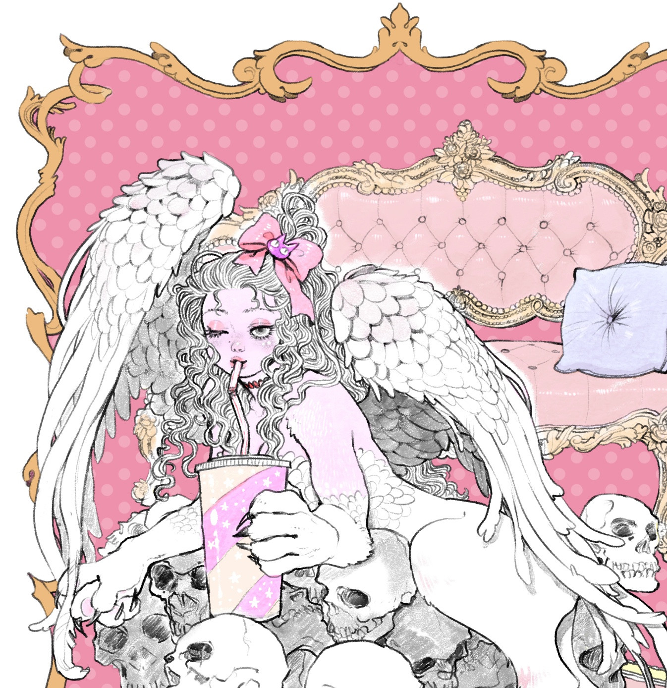 A crop of a drawing of a sphinx sipping a giant soda while sitting on top of a pile of skulls.