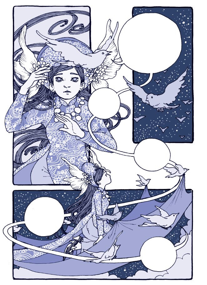 A page from the graphic novel, The Magic Fish. A woman in an áo dài is carried off into the night sky on a sheet by a flock of birds.