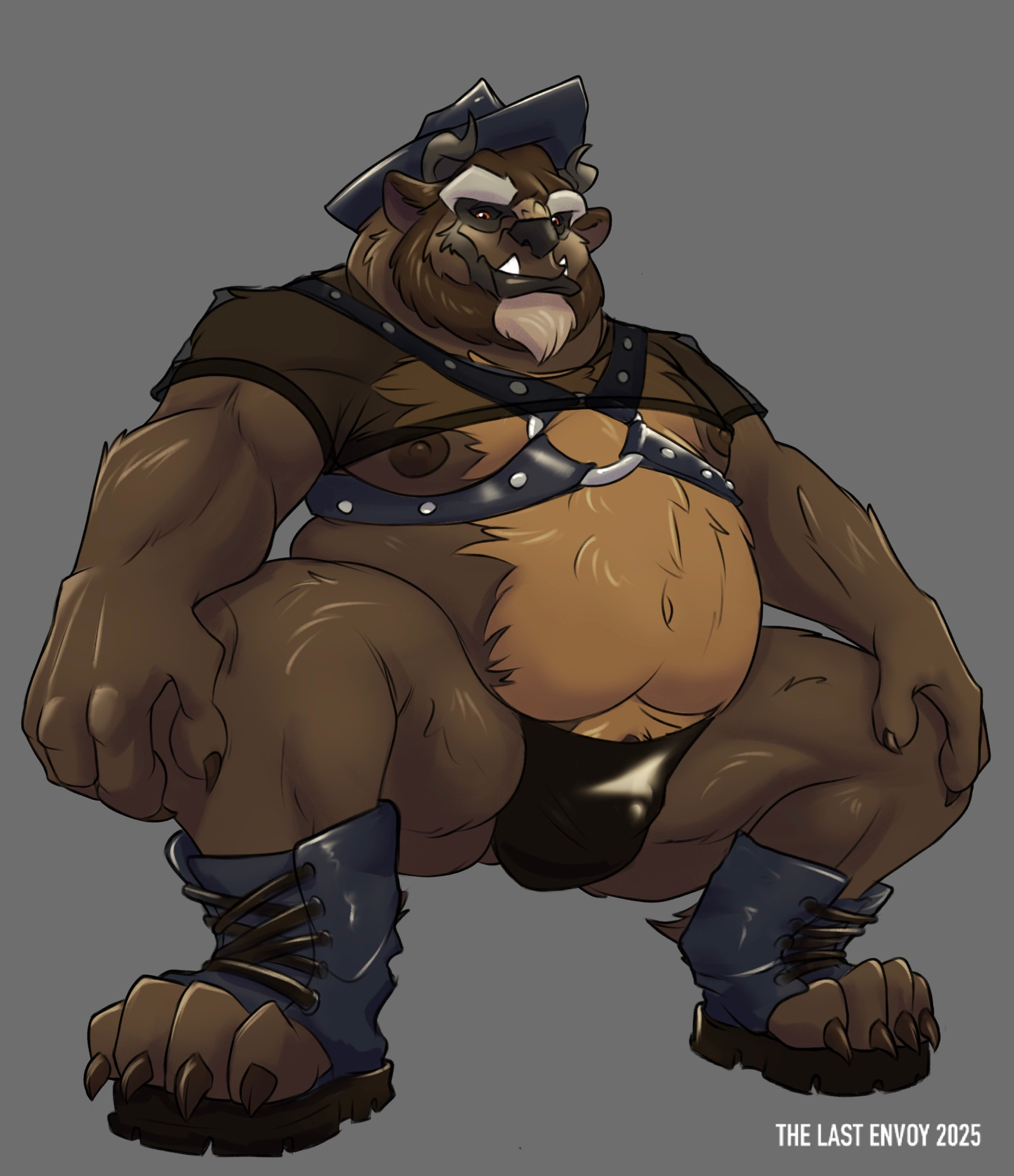 A beefy bear-beast hybrid dressed in a leather harness, thong and boots with a low cut transparent shirt squats as he smirks towards the viewer. 