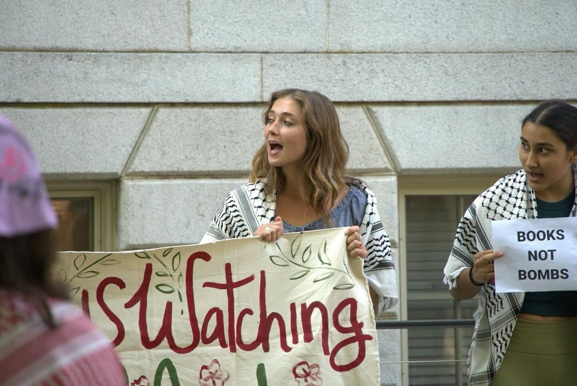 Students demonstrate outside of University Hall Harvard