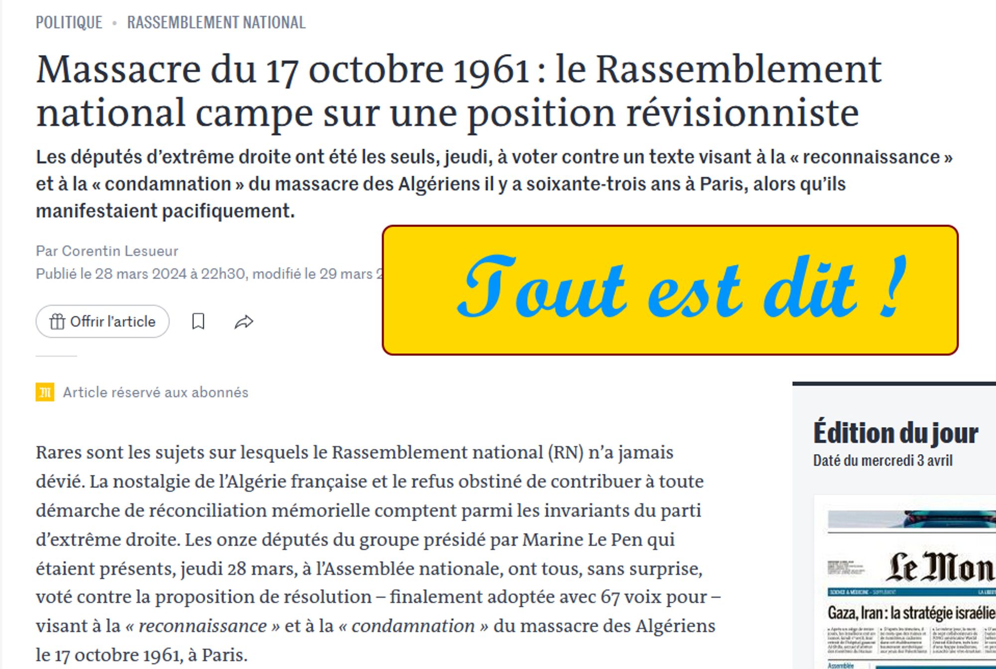 Copie d'écran du Monde : le RN refuse de voter la résolution sur la reconnaissance du massacre d'Algériens le 17/10/1961.