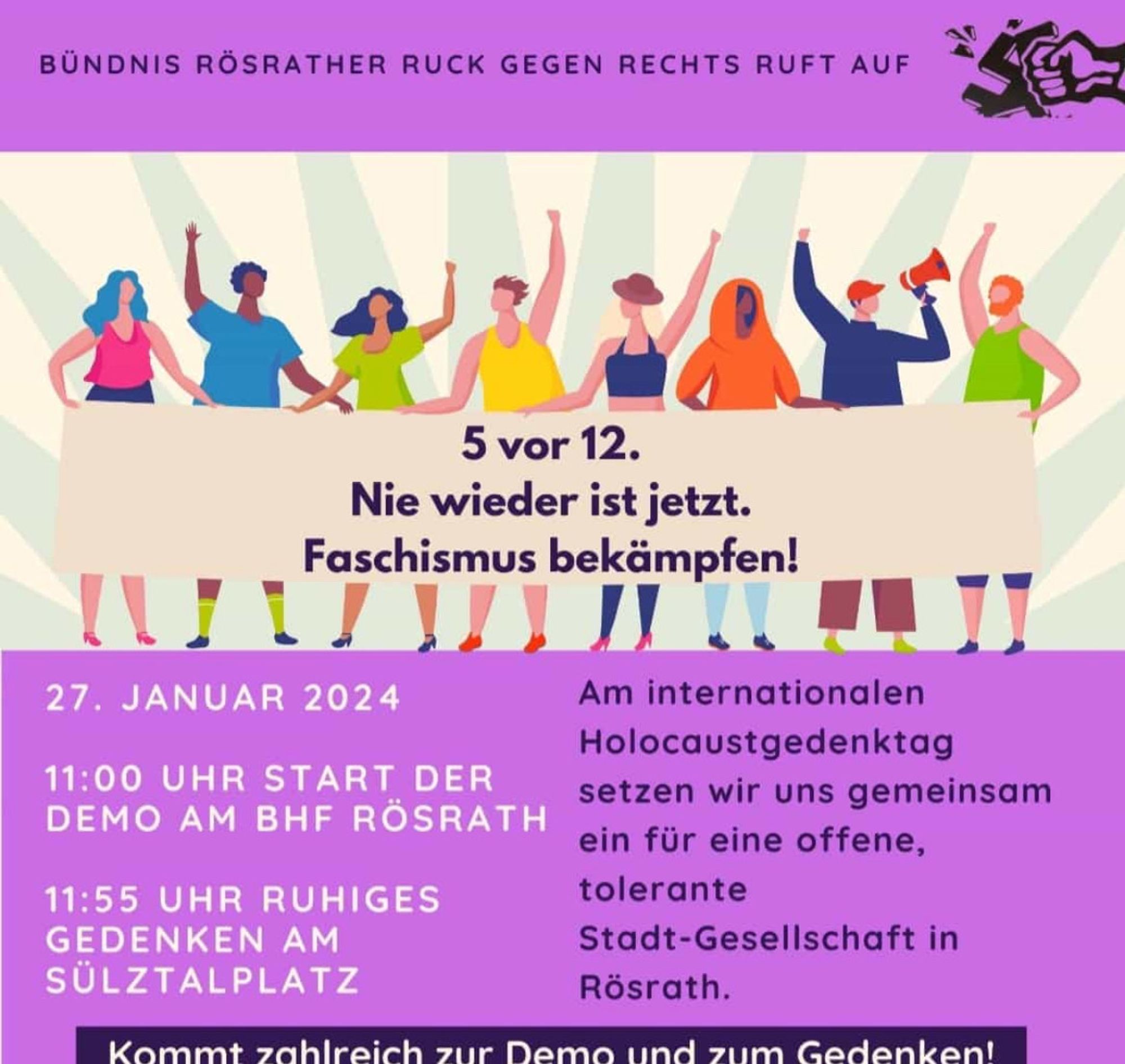 Plakat das zur Unterstützung einer Demo gegen Fascchismus aufruft. 27. Jan 11 Uhr BHf Rösrath