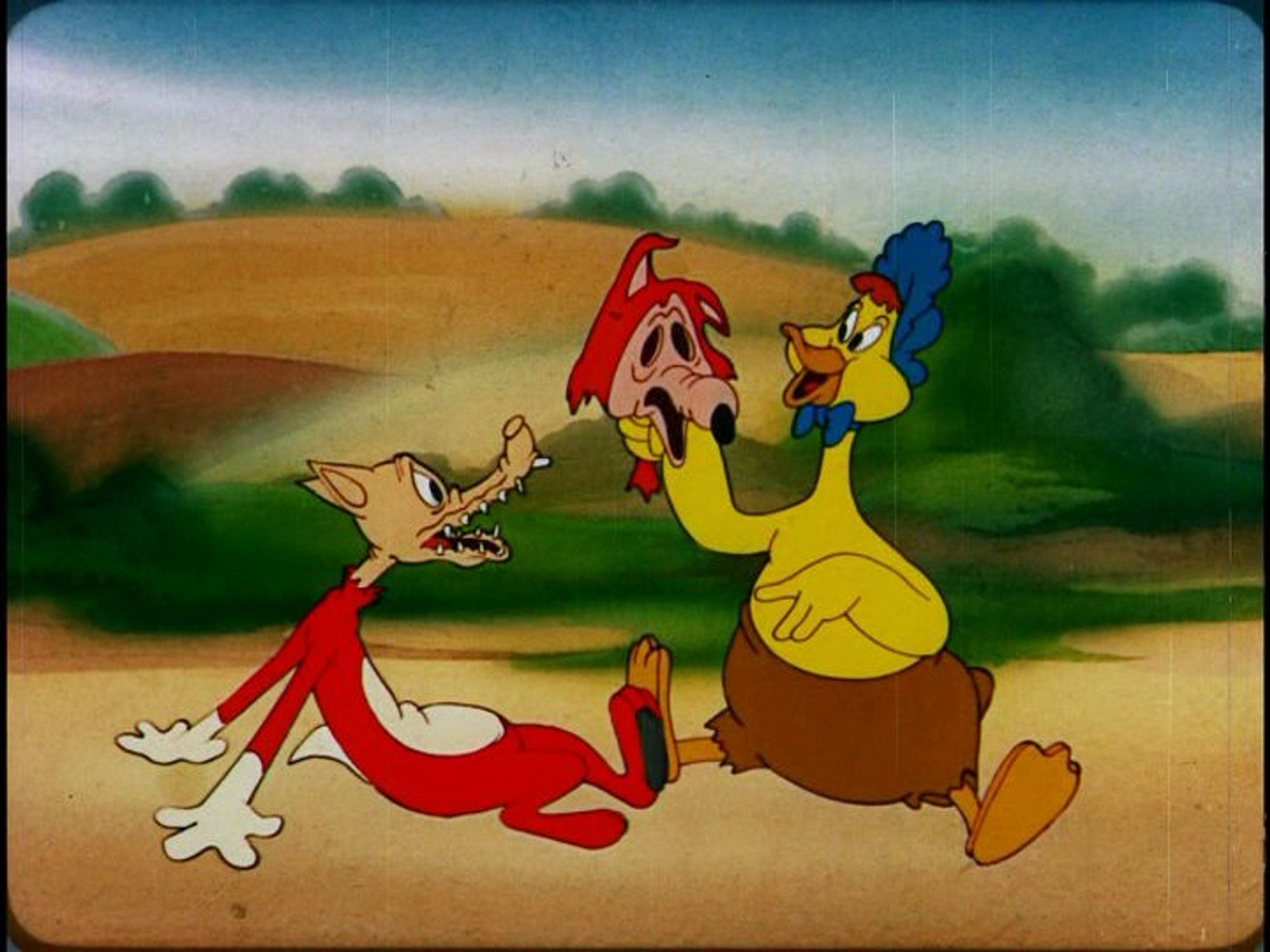 still from a baby huey cartoon. the dreadful giant baby duck is holding a fox's ripped off face in one hand while the fox looks on in horror