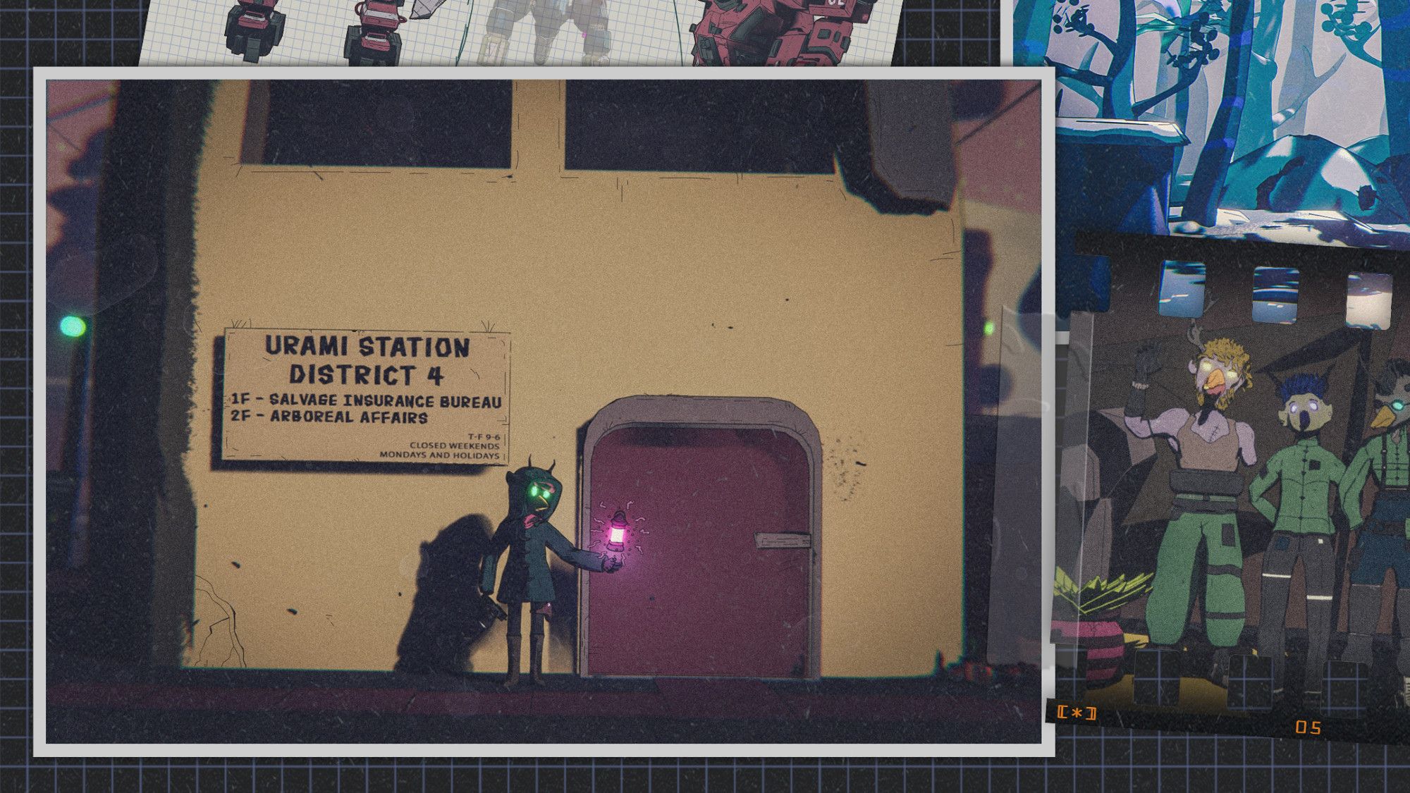 Black dusty graph paper that's a continuation of the first image; it's the lower portion. More of the mechanical designs on graph paper can be seen, but the main image is a white bordered photo of the hooded, antlered figure holding a camera in one hand and holding up their hand to a magical pink glowing floating lantern in the left. Their eyes glow green, they have pointy antlers and a bird's beak. They are standing in front of a building that reads "URAMI STATION DISTRICT 4. 1F - SALVAGE INSURANCE BUREAU  - 2F - ARBOREAL AFFAIRS with hours of T-F 9-6, closed Mondays and Holidays. In the upper right is the continuation of the frozen jungle image, and at the right hand is a color photo positive slide of three antlered, beaked characters looking toward the camera. One is missing an arm and an antler, and one has an eye patch, a Mohawk and suspenders. The one in the middle has their hands behind their back in a military pose.