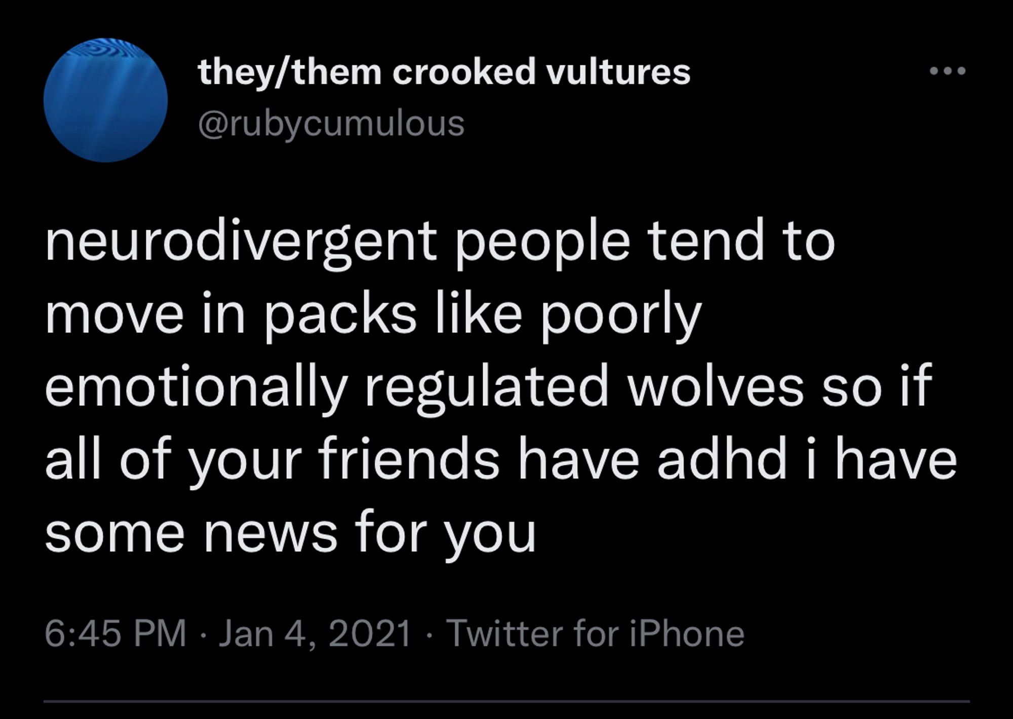 Tweet from user “they/them crooked vultures”:
“neurodivergent people tend to move in packs like poorly emotionally regulated wolves so if all of your friends have adhd i have some news for you”