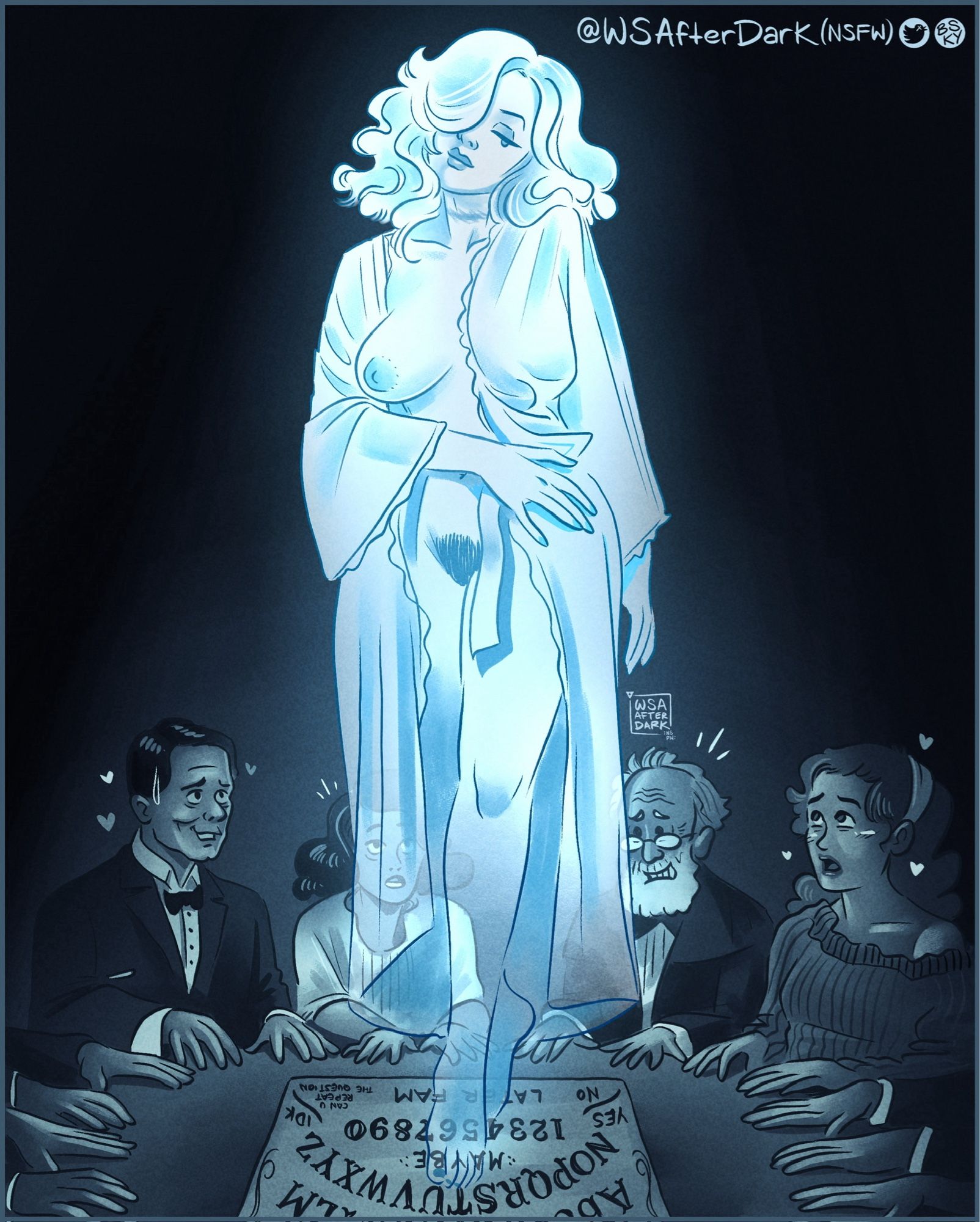 A semi nude ghostly woman being summoned by a group of old timey style people via a spirit board. Some of them looked shocked, others look thirsty.