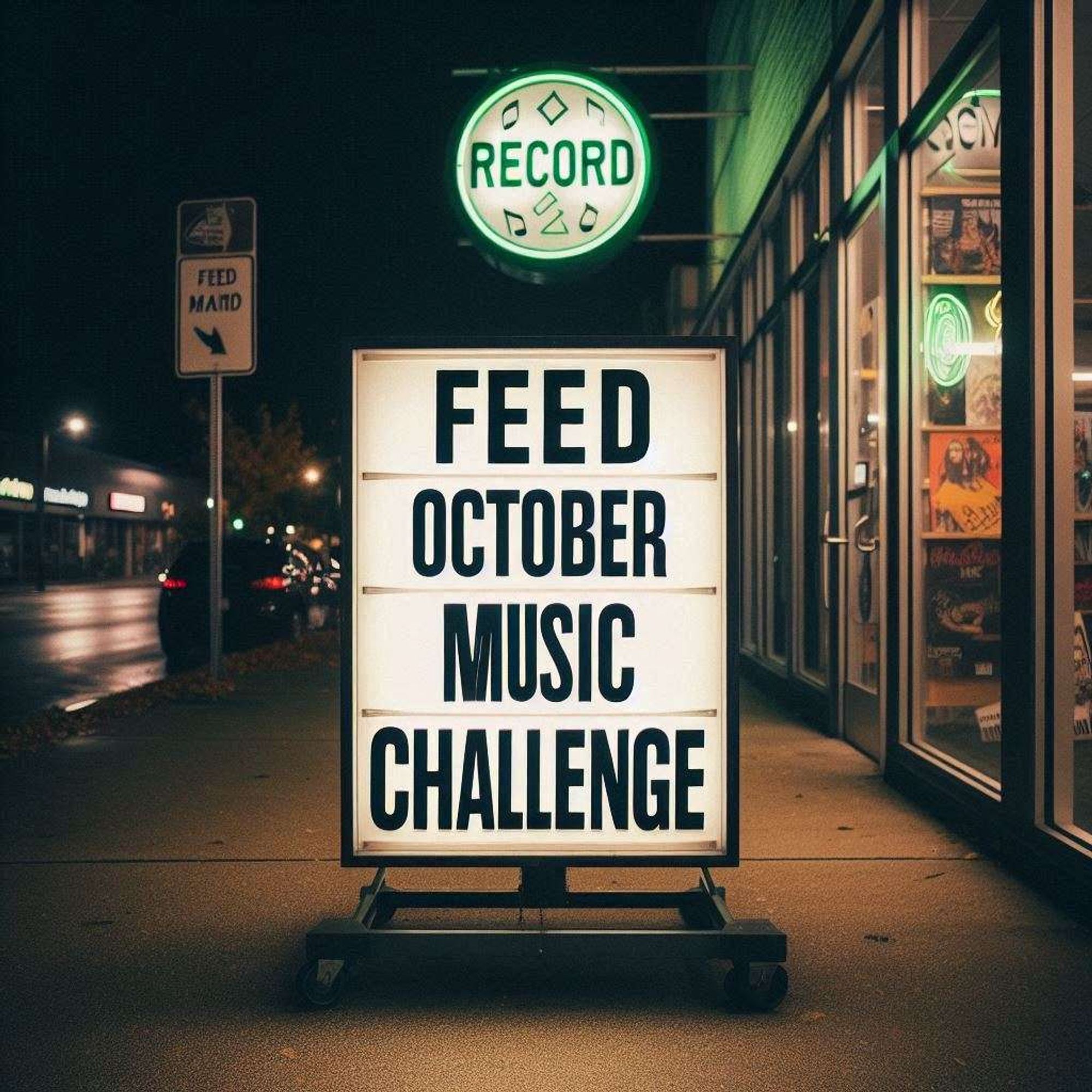 La nuit, sur un panneau lumineux, il y a écrit "Feed October Music Challenge". Le panneau est placé devant chez un disquaire.

#NewMusicChallenge