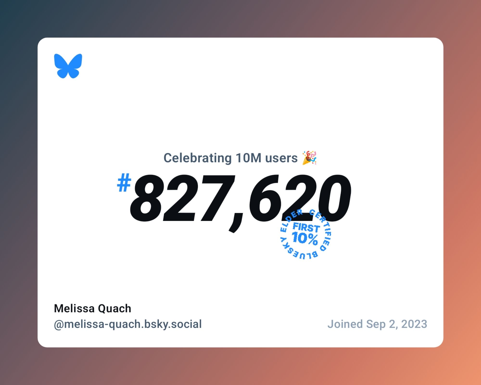 Bluesky: Celebrating 10M users. This user was number 827,620