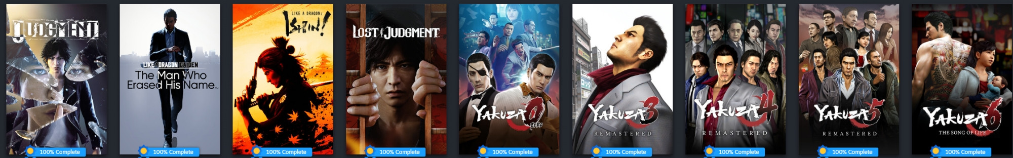 Yakuza 0, 3, 4, 5, 6, Judgment, Lost Judgment, Like a Dragon Ishin!, and Like a Dragon Gaiden: The Man Who Erased His Name 100% Badges