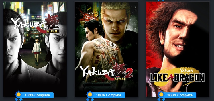 Yakuza Kiwami, Yakuza Kiwami 2, and Yakuza Like A Dragon 100% badges