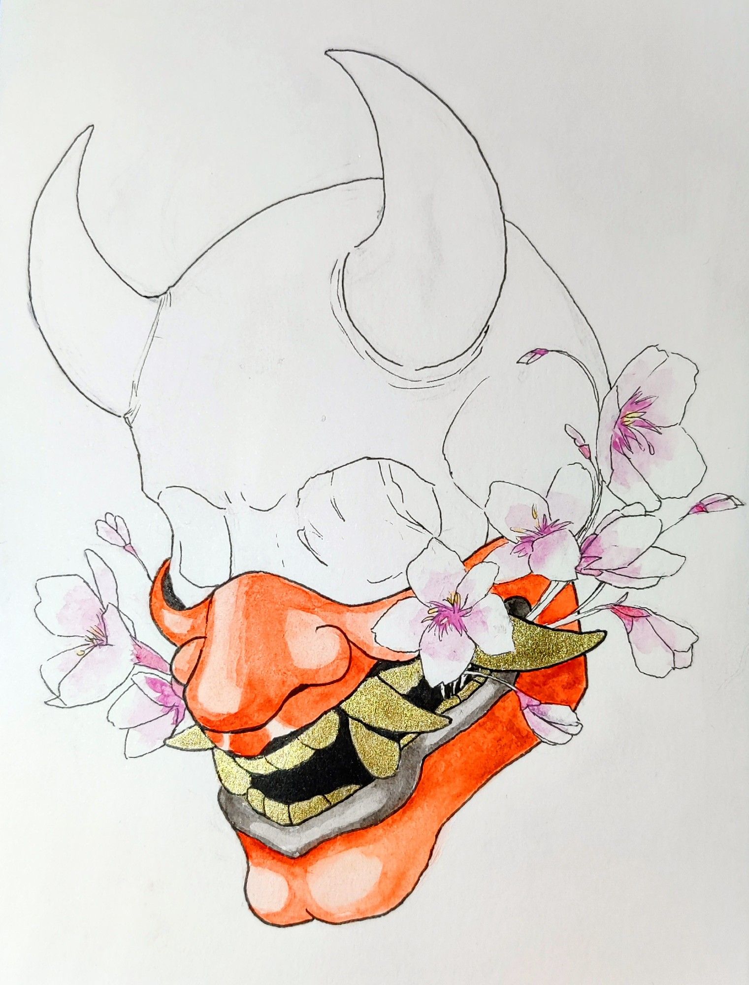 A photo of an ink drawing of a horned human skull wearing a bottom half of a japanese hannya mask with flowers blooming from the mouth of the mask. The background and skull are white. The hannya mask has been painted red with watercolour. The teeth of the mask are coloured with gold coloured ink that's shining in the light of the photo. The blooming flowers and buds climbing out and up from the mask have soft pink watercolor wash on them.