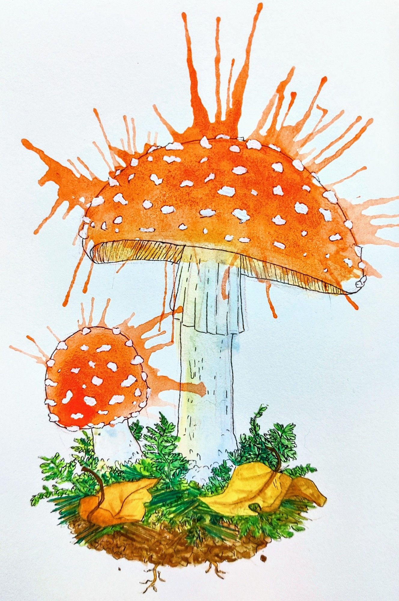 Photo of a watercolor art piece with two fly amanita mushrooms on a mossy batch of dirt. The colours are otherwise normal, but the red on the mushroom caps are big splashes of red colour that has spread around the page.