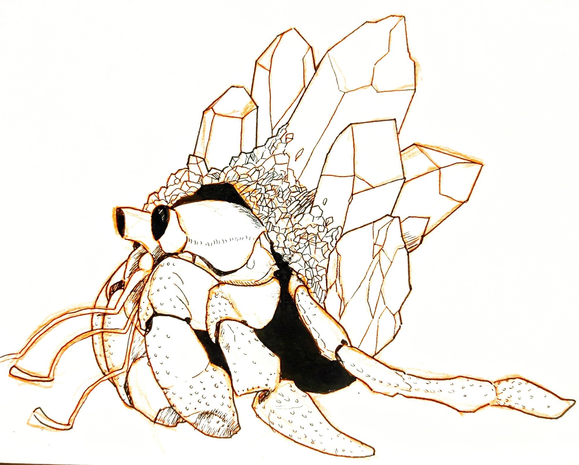 A photo of an ink drawing depicting a semi realistic hermit crab. The shell of the hermit crab is formed of a jagged cluster of raw unpolished gemstones pointing at various directions. You can see orange sketch lines under the black and white ink drawing.