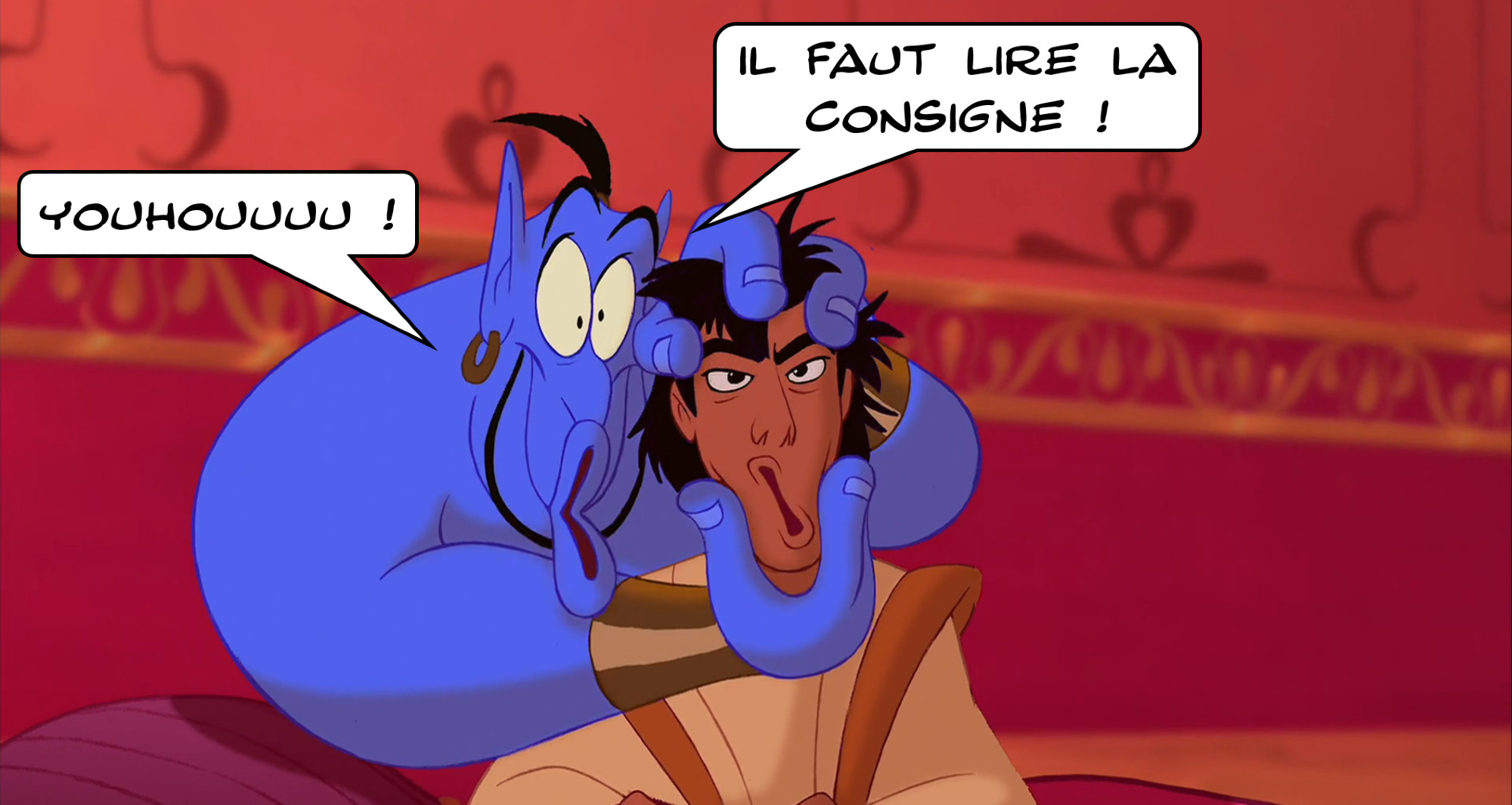 Mèmes montrant le génie et Aladin de Disney. Le génie tient la tête d'Aladin bien droite et dit "Youhou ! il faut lire la consigne !"