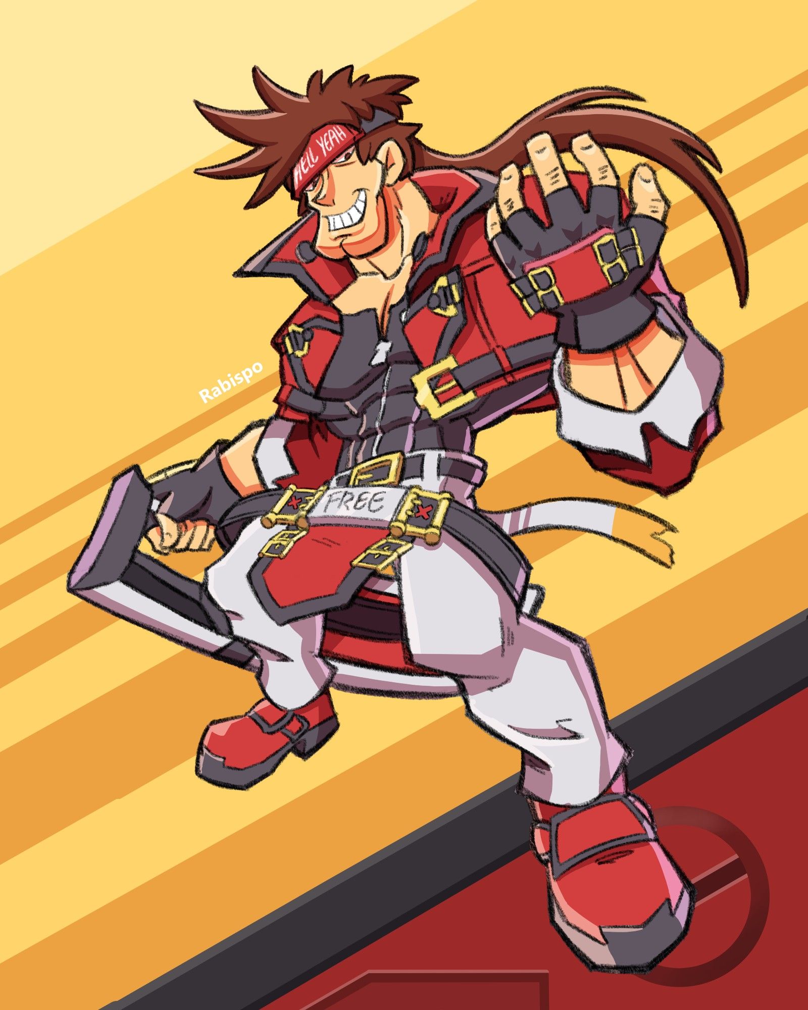 Sol Badguy from the Guilty Gear series in a cartoony style, an abstract yellow and red background