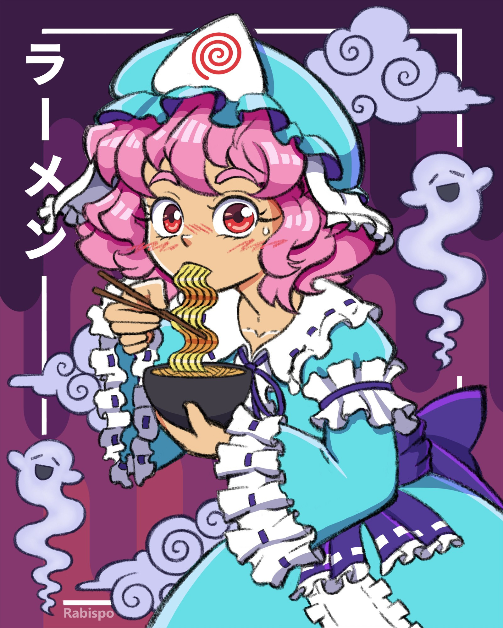 Yuyuko from Touhou project eating from a ramen bowl with a surprised face looking at you, in an abstract purple background with blue clouds and ghosts.