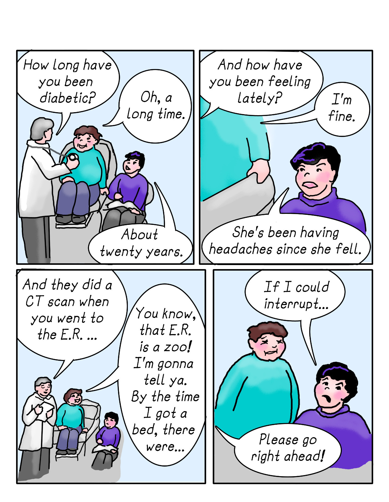 four panel comic of me with my mom at the doctor's... showing how she never answers a question about her health with any information that's at all useful to the doctor! Also, it's super crowded with three people in those exam rooms.