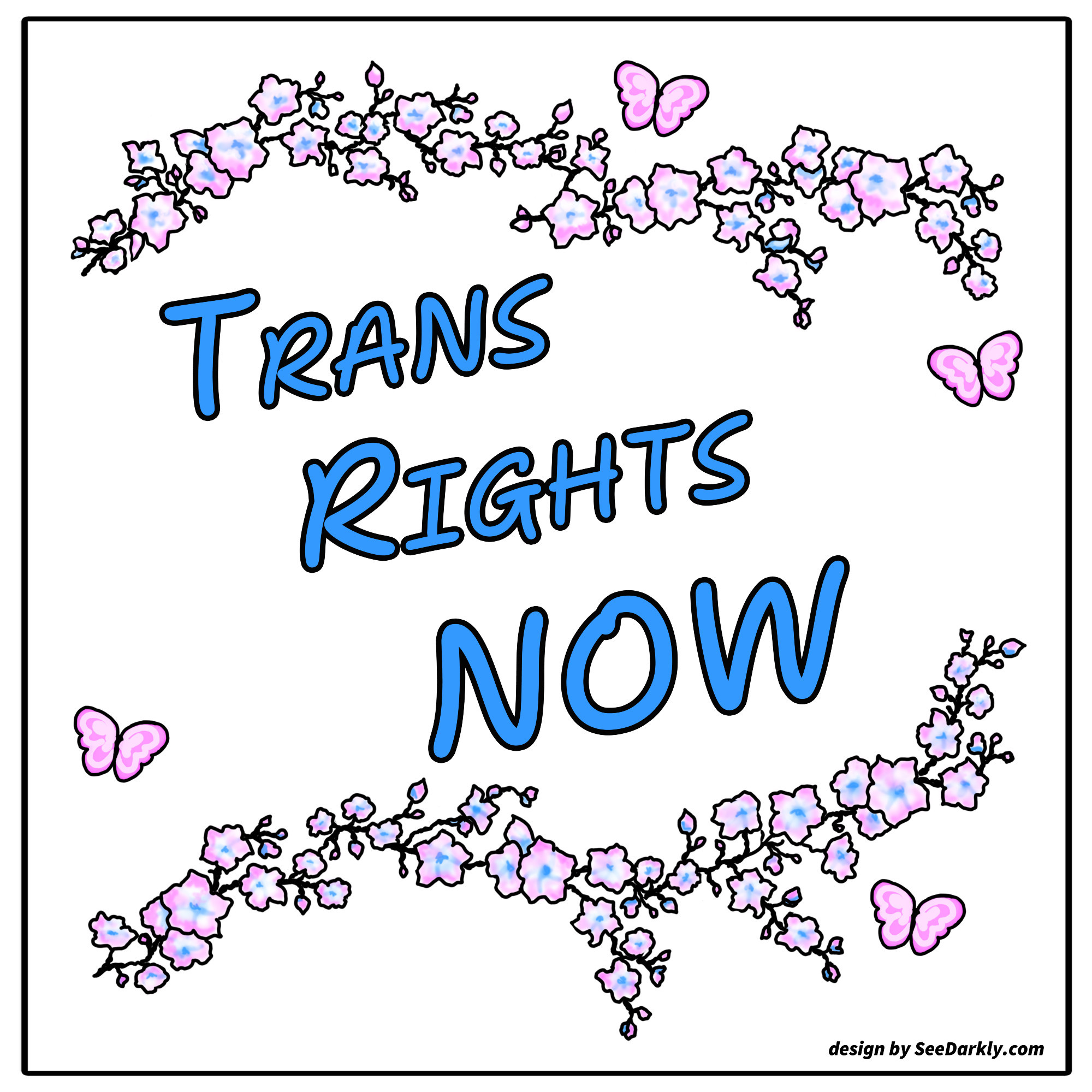 sign, bordered with flowers and butterflies, says, "Trans rights now."