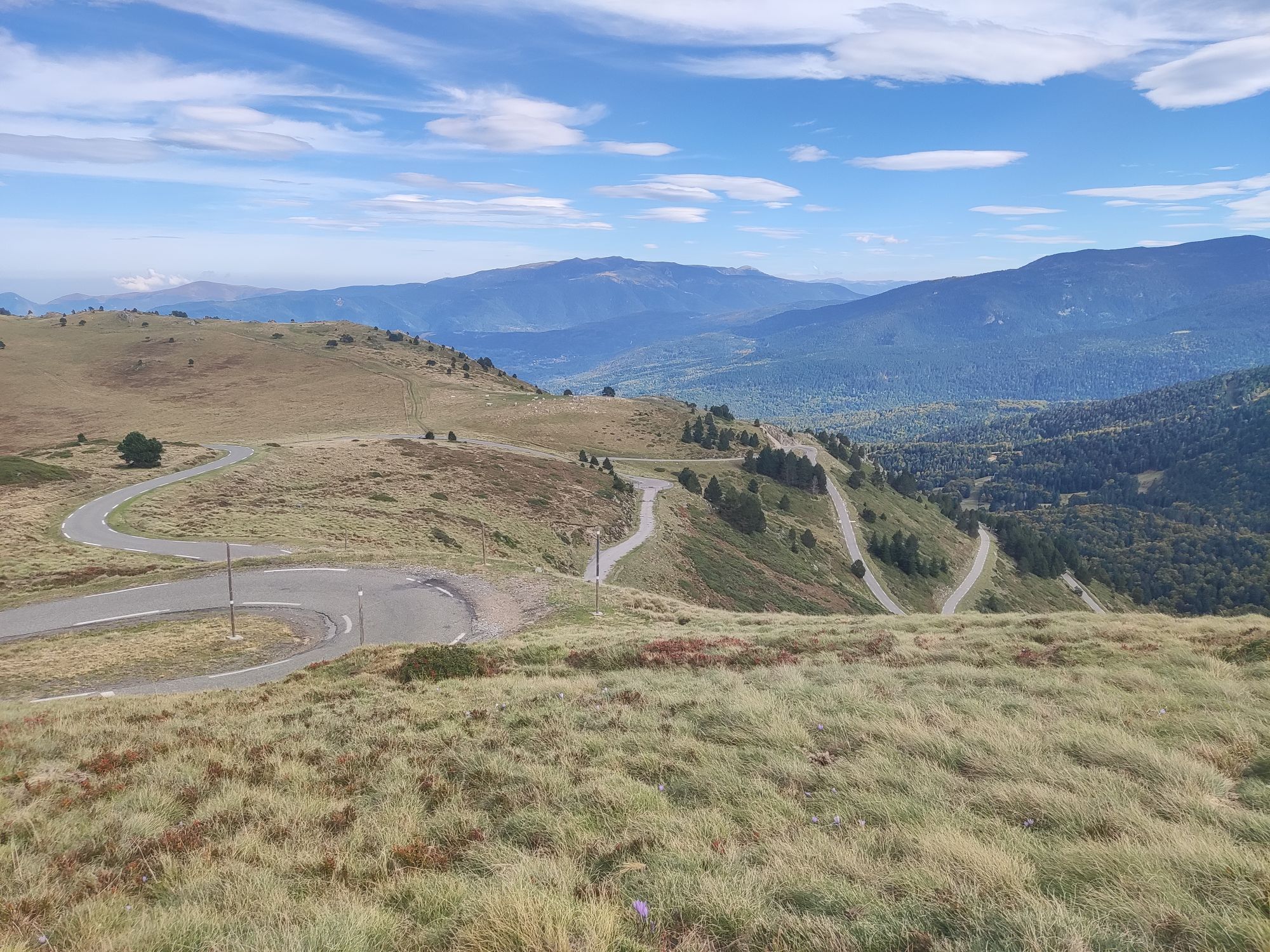 Eine kurvige Asphaltstraße mit Kehren die sich einen hohen Berg hinauf zieht. dieser ist unten noch bewaldet, darüber sind grüne Wiesen und in der Höhe sind braune Wiesen. aufnahme bei Sonne und blauem Himmel mit ein paar Wölkchen