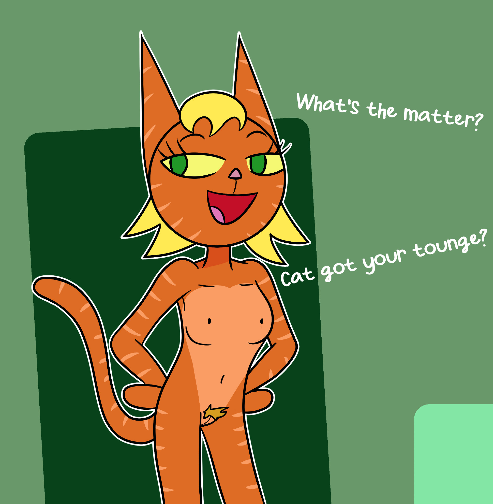 Aimee (OC. Tabby Cat girl) is standing naked by a doorway. There's some text implying she's asking you a few questions. "What's the matter? Cat got your tounge?" 