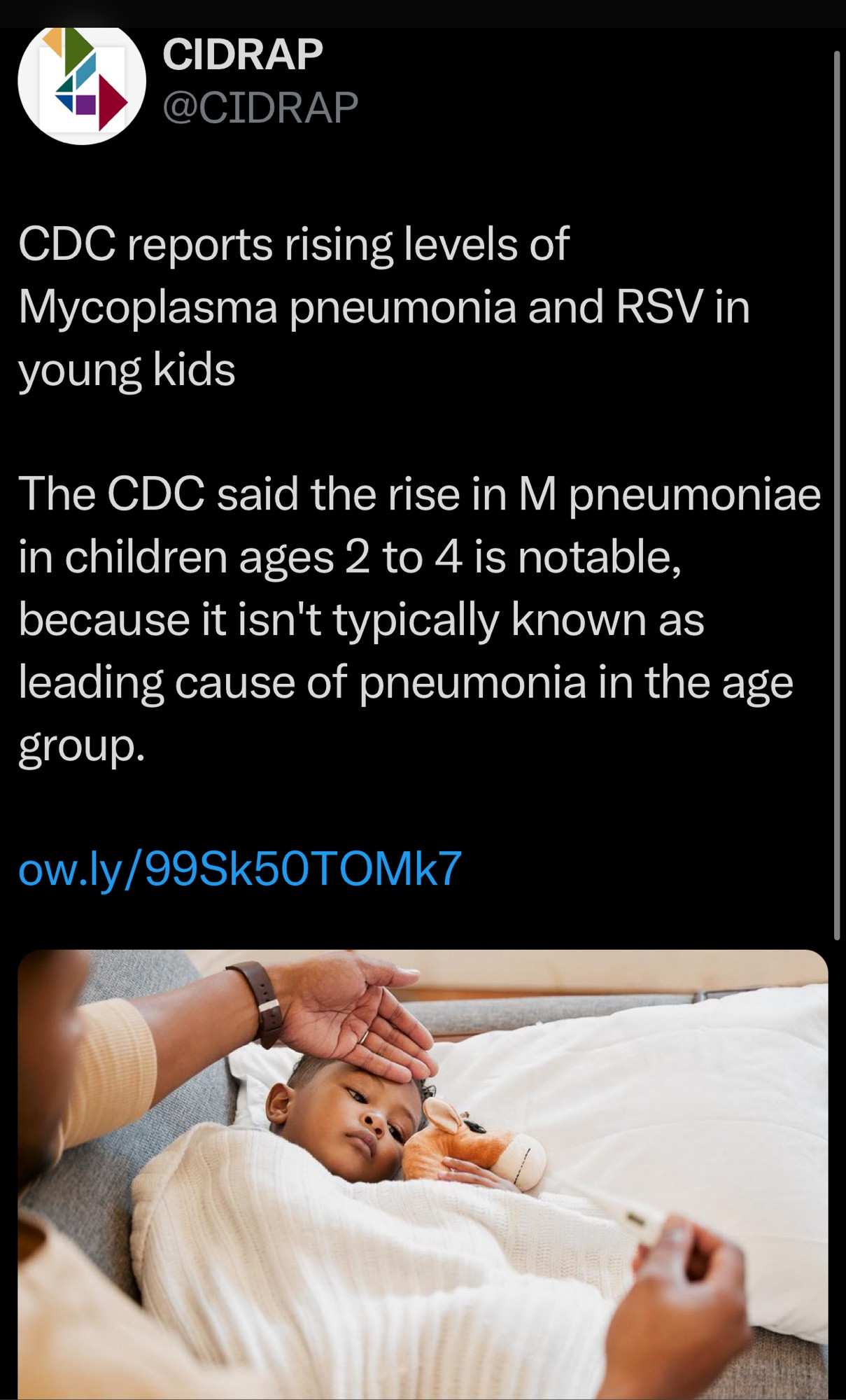 CDC reports rising levels of Mycoplasma pneumonia and RSV in young kids

The CDC said the rise in M pneumoniae in children ages 2 to 4 is notable, because it isn't typically known as leading cause of pneumonia in the age group.

CIDRAP 