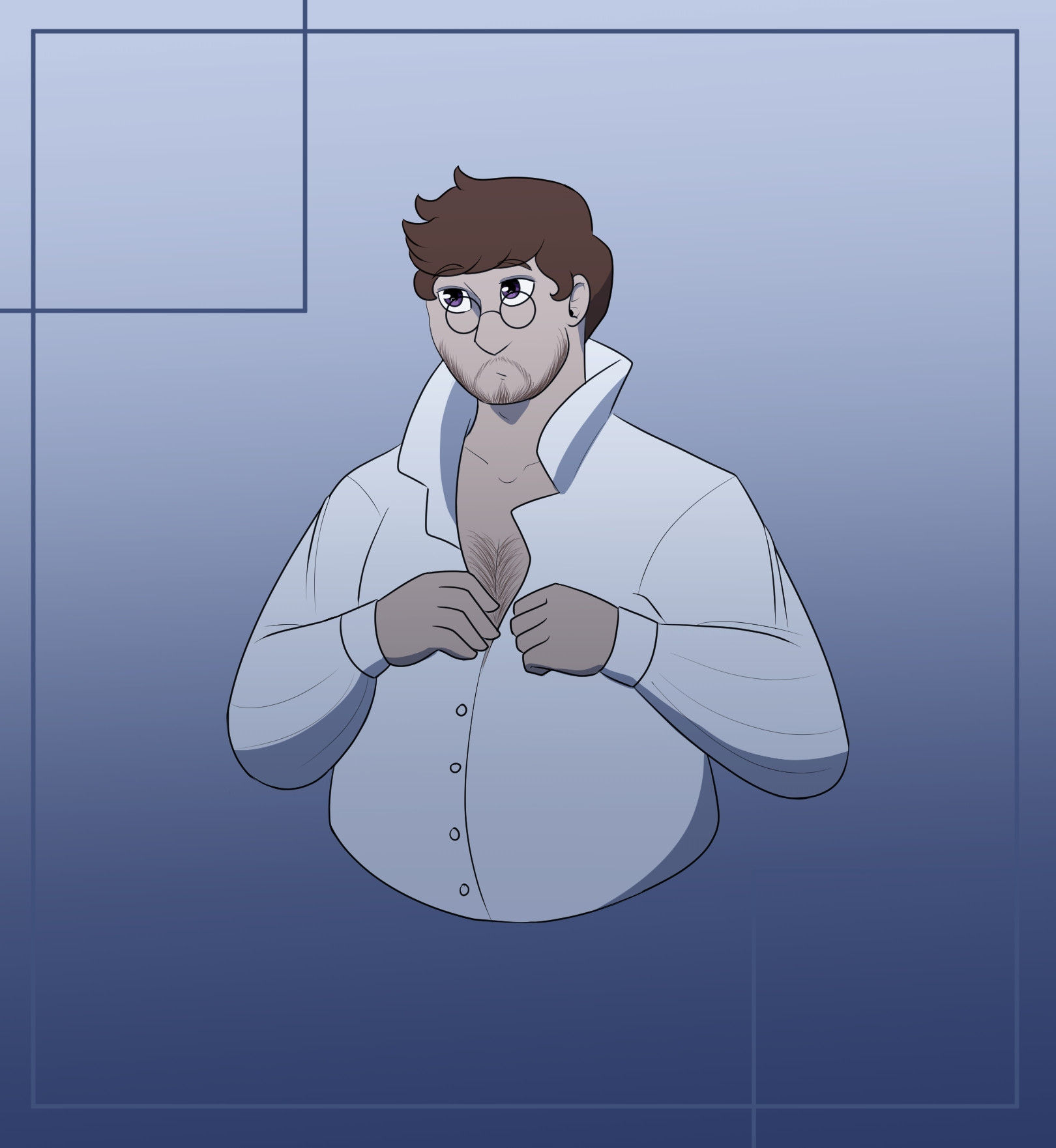 Half body of Oliver, a chubby white man with fluffy brown hair putting on a white collared shirt with tall collars.