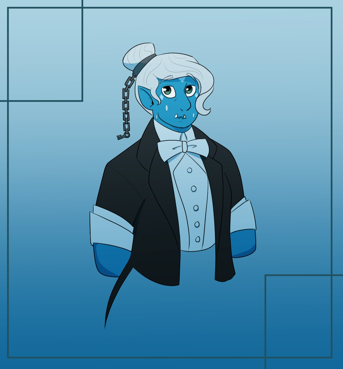 A blue female orc half body with blue skin in an old timey magician's outfit. Her white hair is tied up in what looks to be a hand cuff with a chain dangling from it with a key ar the end. She is sweating.