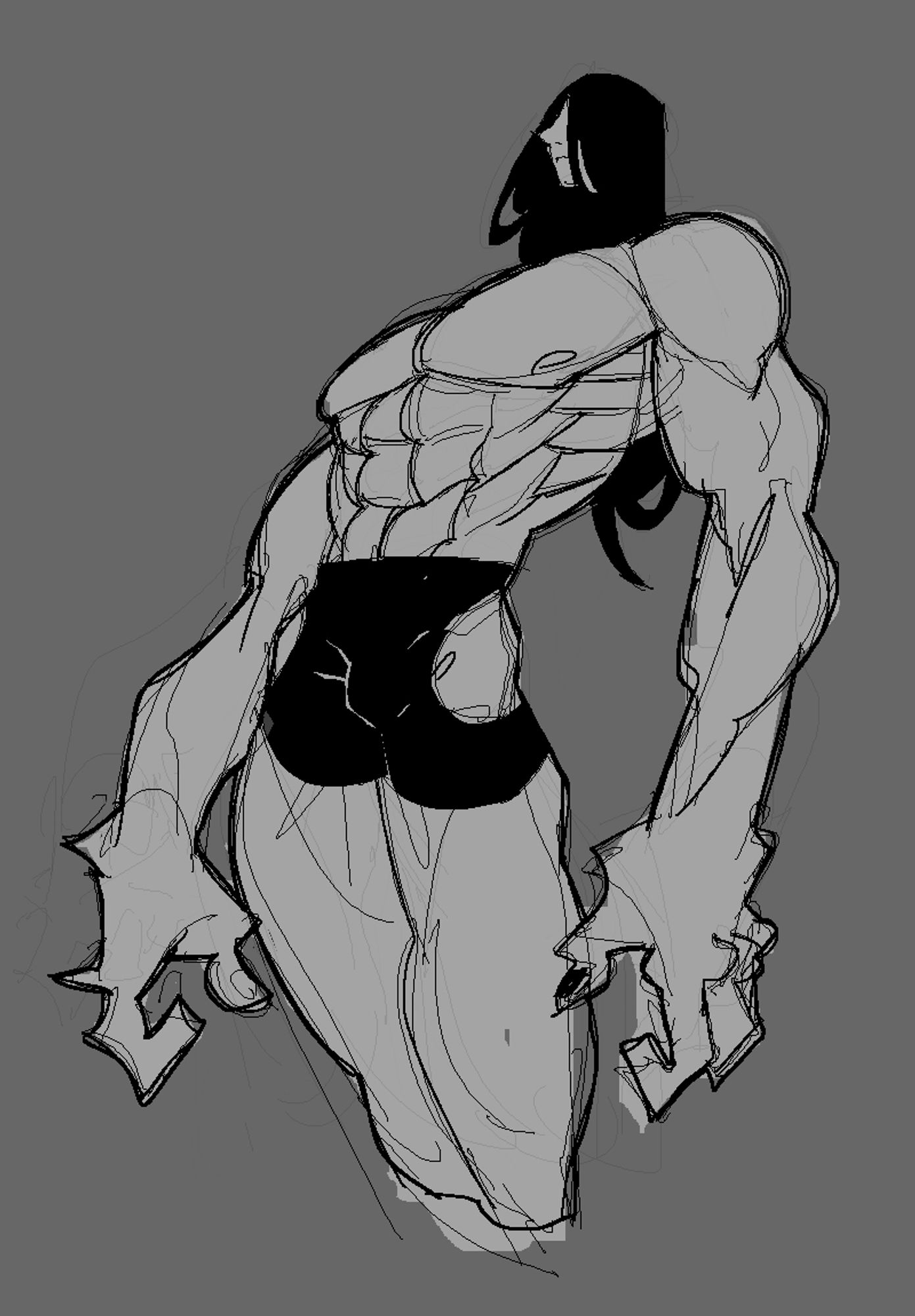 A down view sketch of a guy with long hair and very defined muscles wearing nothing but underwear