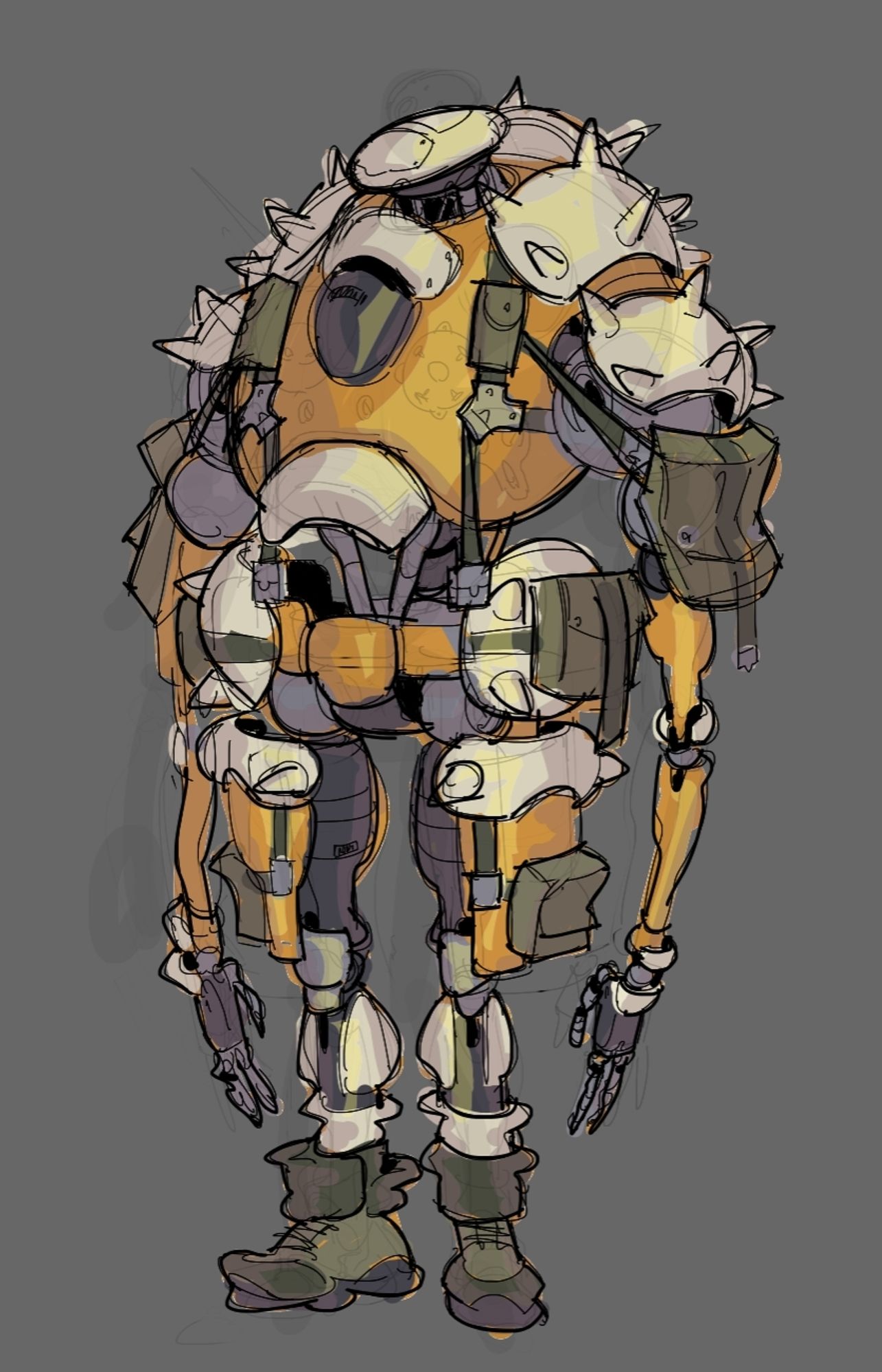 An unfinished sketch of a yellow robot. It's mostly composed of round shapes, and it has spiked armor plates and pockets all over its body, very thin limbs and it's wearing hiking boots